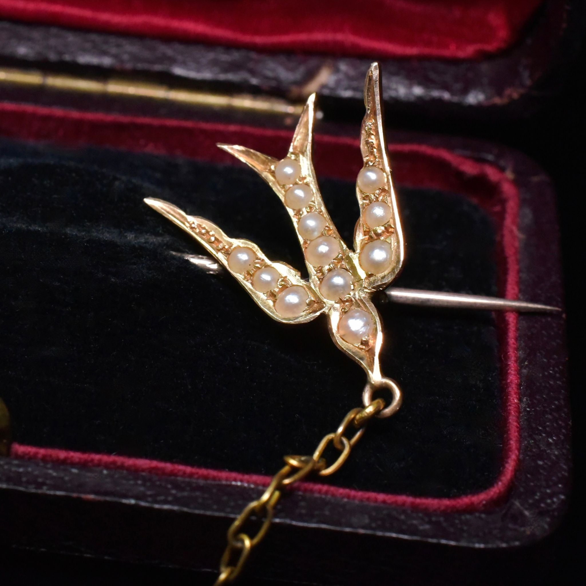 Antique Australian 15ct Rose Gold Double Swallow Seed Pearl Brooch/Pin Circa 1910