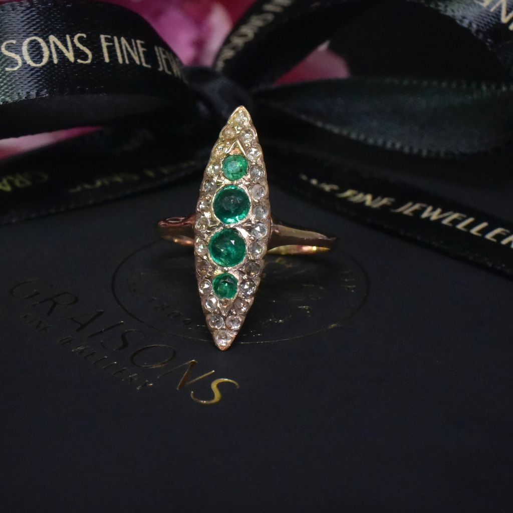 Stunning Antique Victorian 9ct Rose Gold Emerald And Rose-Cut Diamond Ring Circa 1897