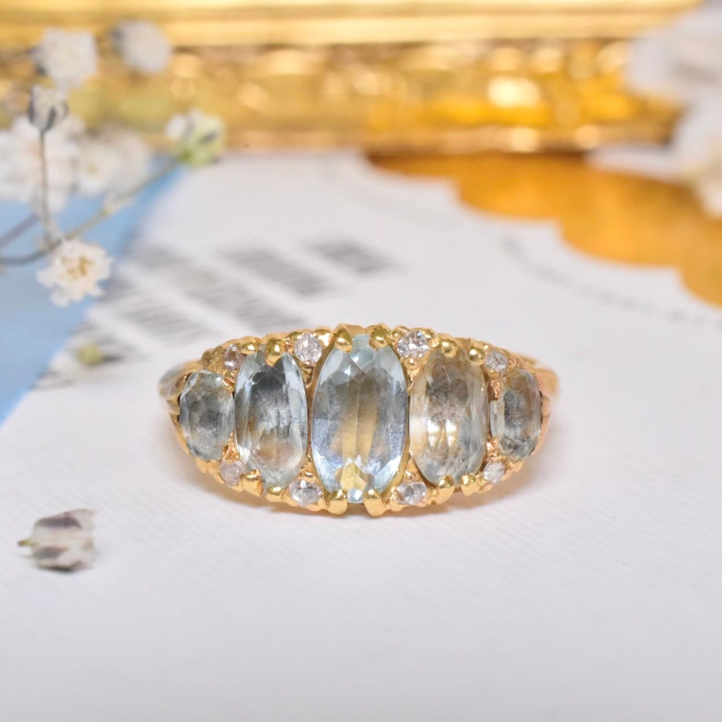 Antique Victorian 18ct Yellow Gold Half Hoop Aquamarine And Diamond Ring - Birmingham 1892