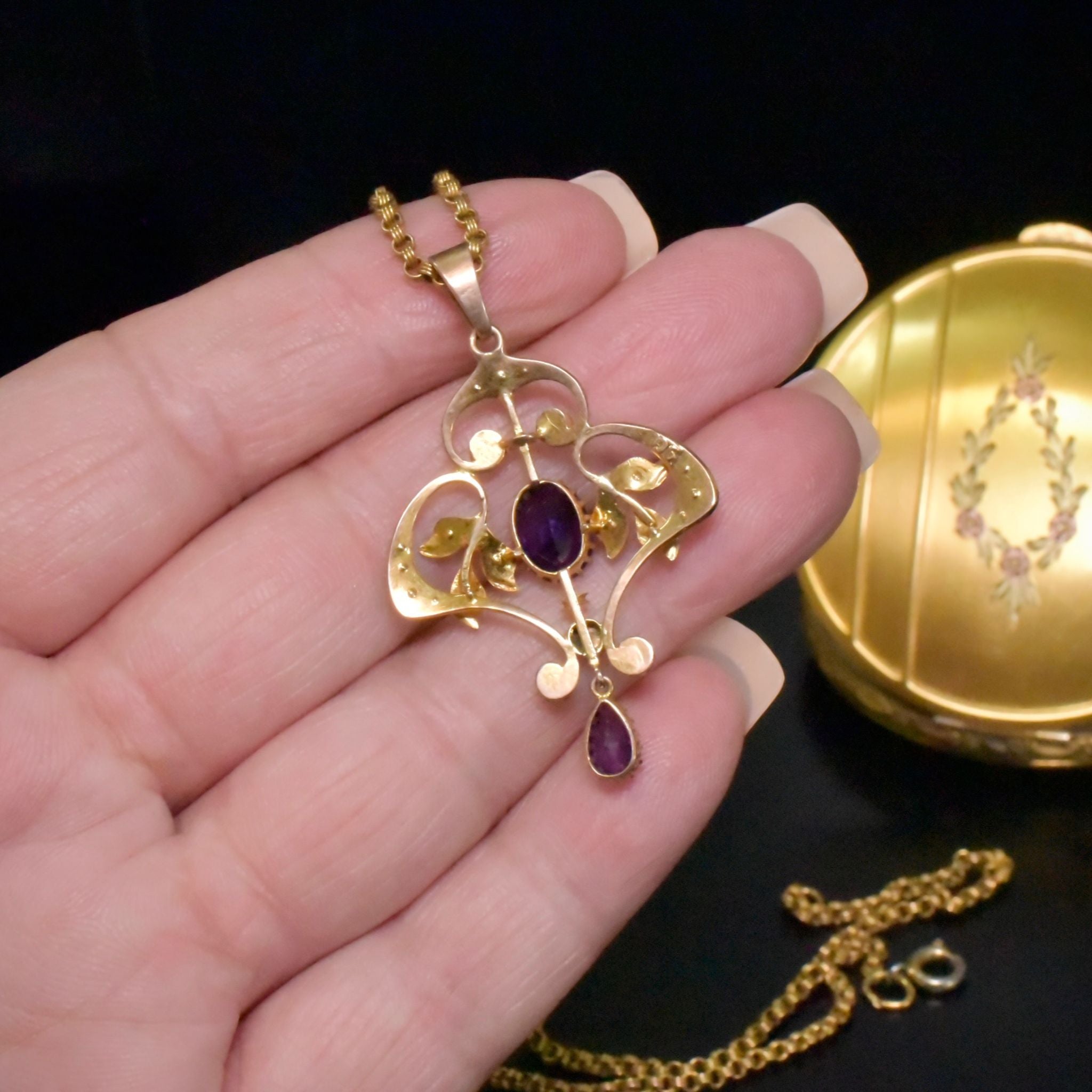 Antique Edwardian 9ct Yellow Gold Amethyst And Seed Pearl Pendant Circa 1910