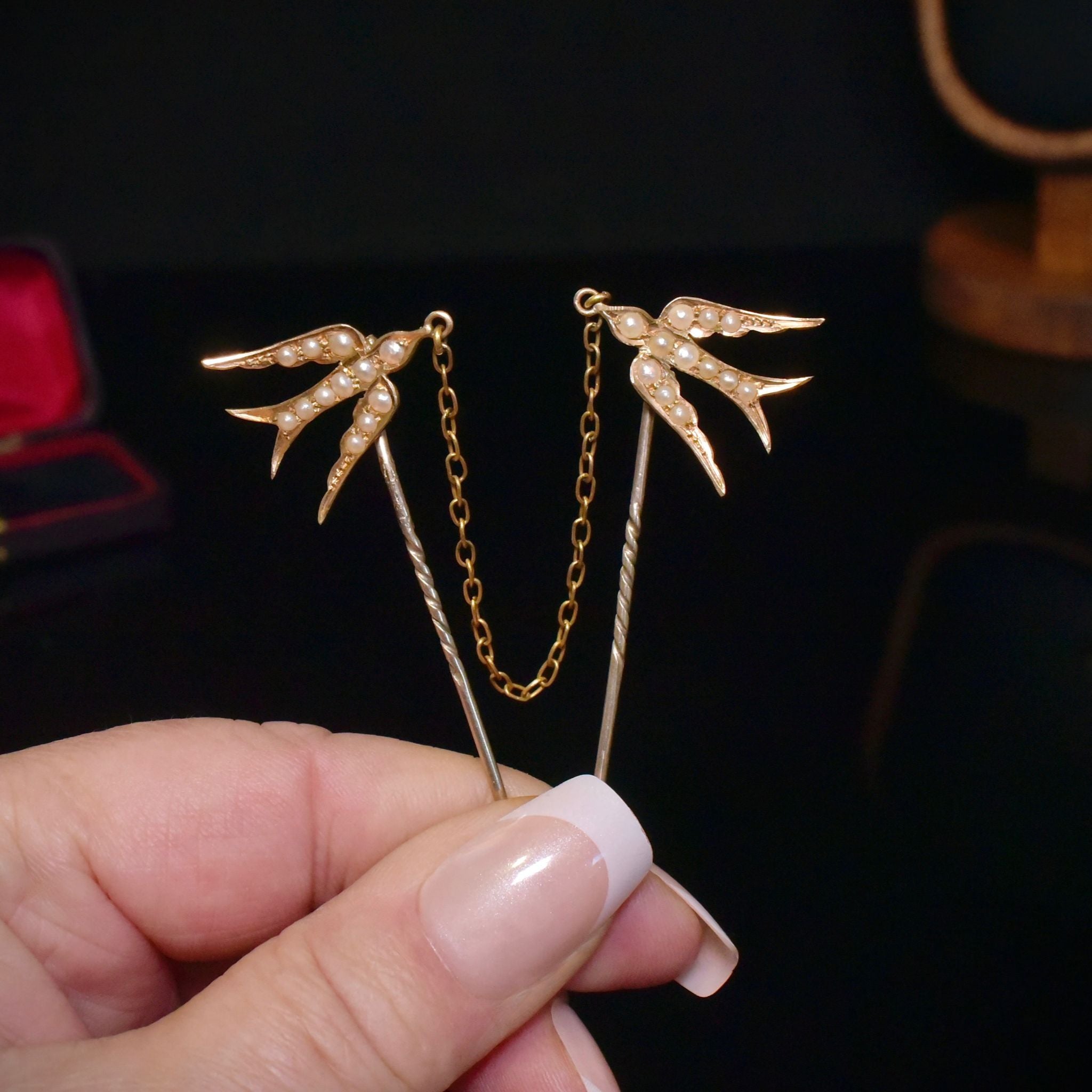 Antique Australian 15ct Rose Gold Double Swallow Seed Pearl Brooch/Pin Circa 1910