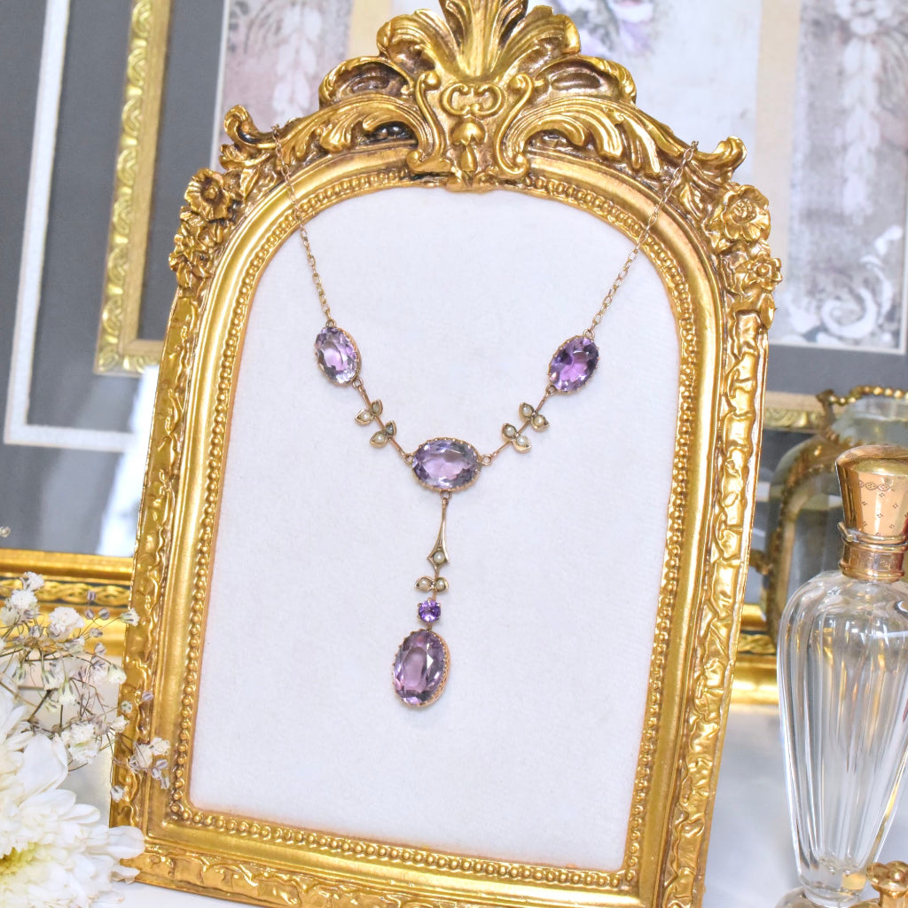 Superb Antique Australian Edwardian 9ct Rose Gold And Amethyst Lavaliere By Aronson And Co. Circa 1910