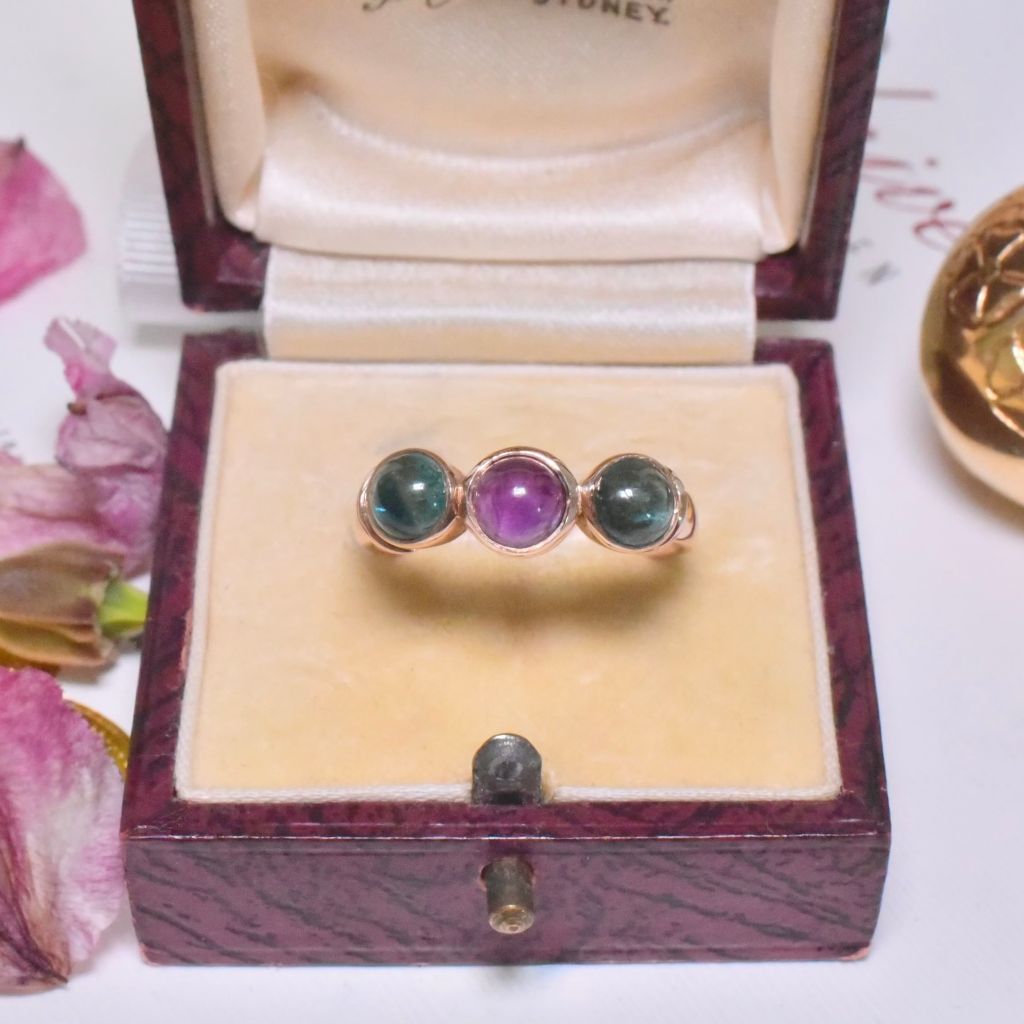 Contemporary 9ct Rose Gold Green Tourmaline And Amethyst Trilogy Ring