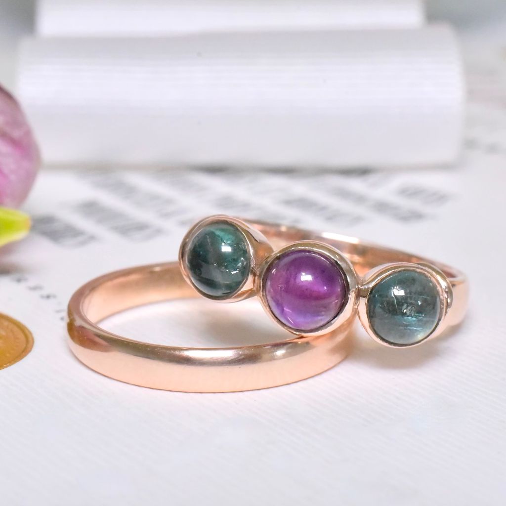 Contemporary 9ct Rose Gold Green Tourmaline And Amethyst Trilogy Ring