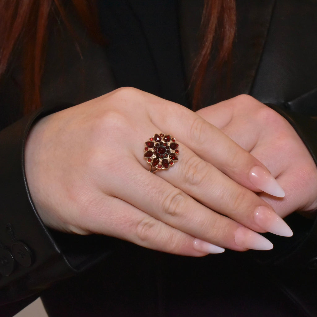 Antique 9ct Rose Gold Bohemian Garnet Flower Ring Circa 1920-30’s