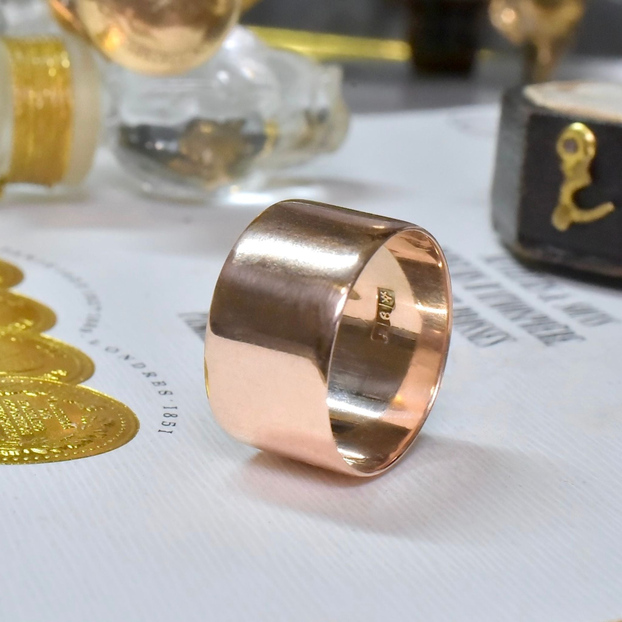 Antique Australian 9ct Rose Gold Wide Cigar Band Ring - Johnson And Simonsen, Melbourne, circa 1900-1910