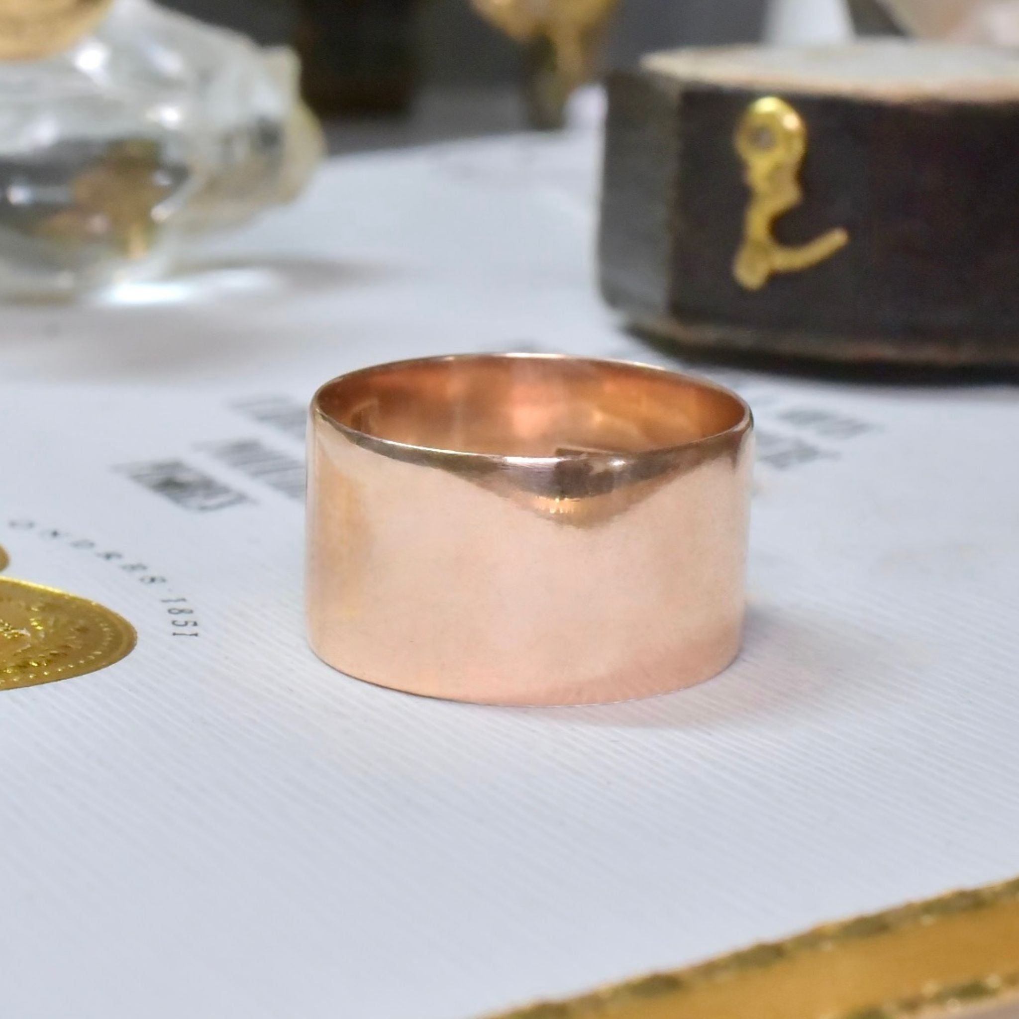 Antique Australian 9ct Rose Gold Wide Cigar Band Ring - Johnson And Simonsen, Melbourne, circa 1900-1910