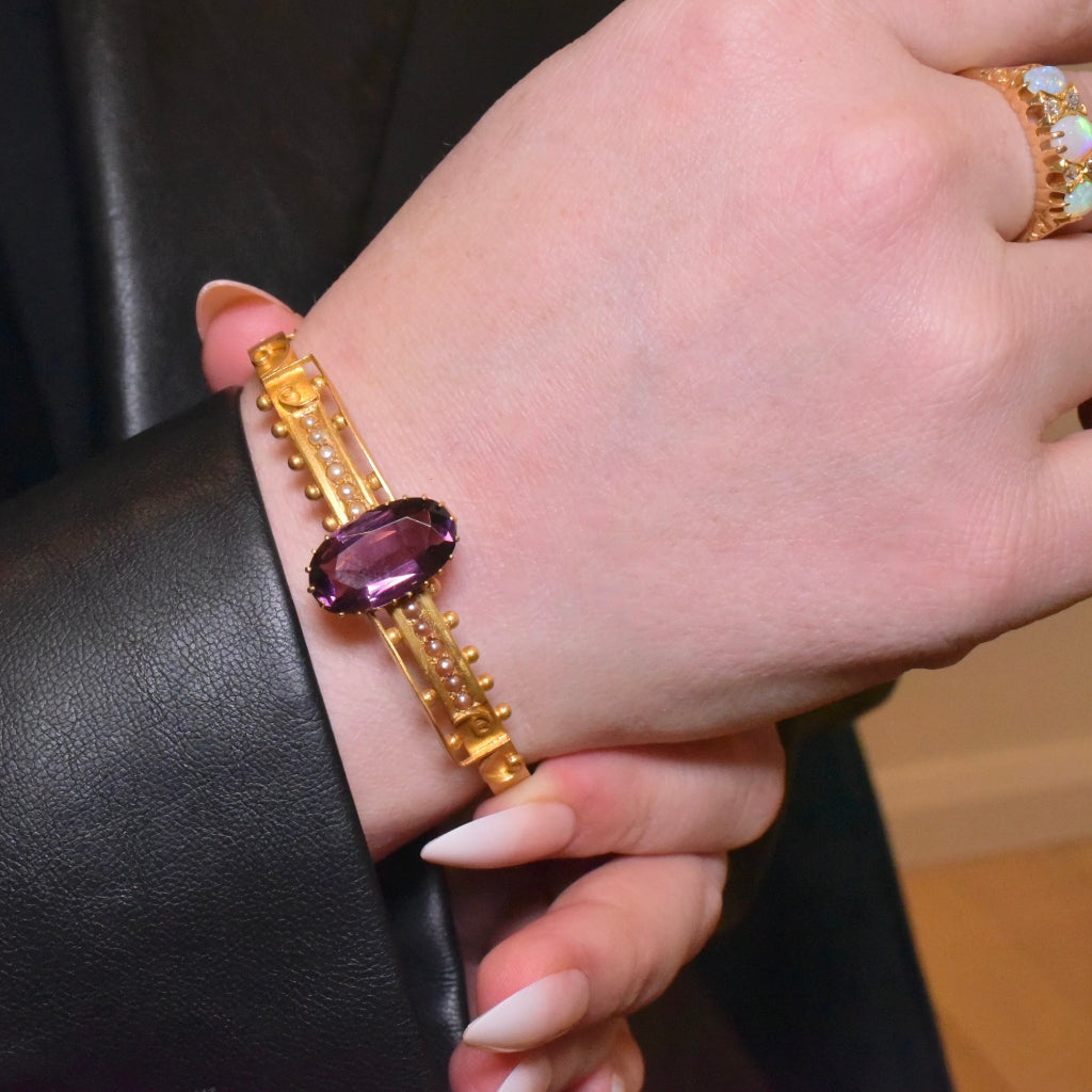 Antique Edwardian 15ct Yellow Gold Amethyst Glass And Pearl Bangle Circa 1900-1910