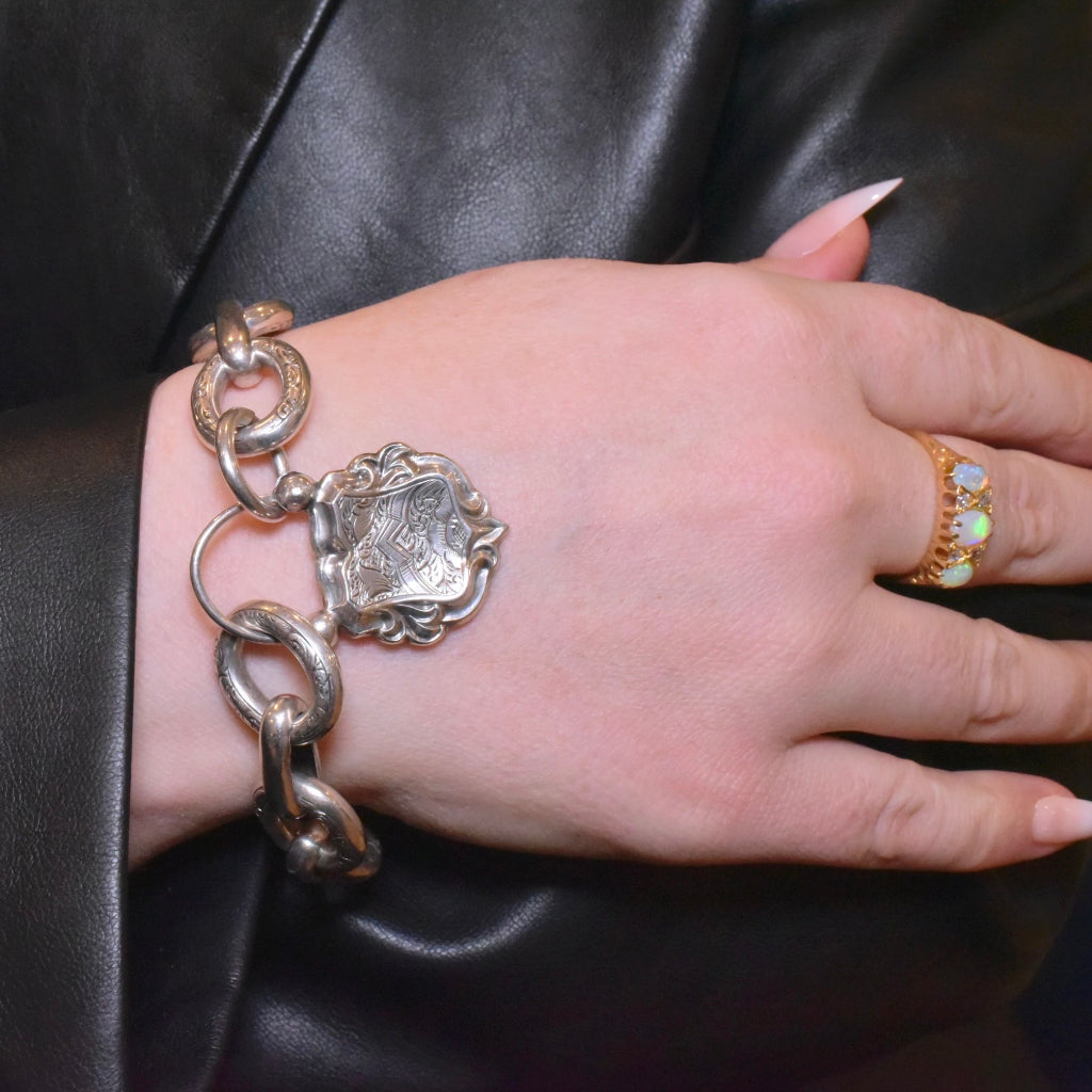 Antique Victorian Sterling Silver Engraved Padlock Bracelet Circa 1890-1900