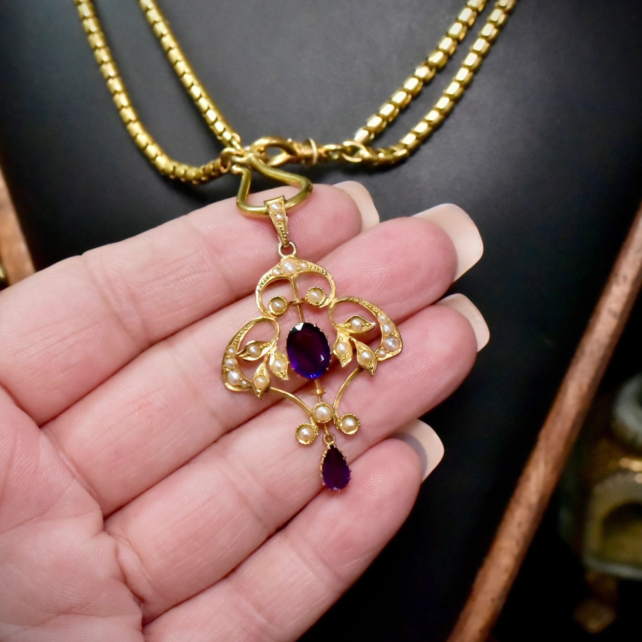 Antique Edwardian 9ct Yellow Gold Amethyst And Seed Pearl Pendant Circa 1910