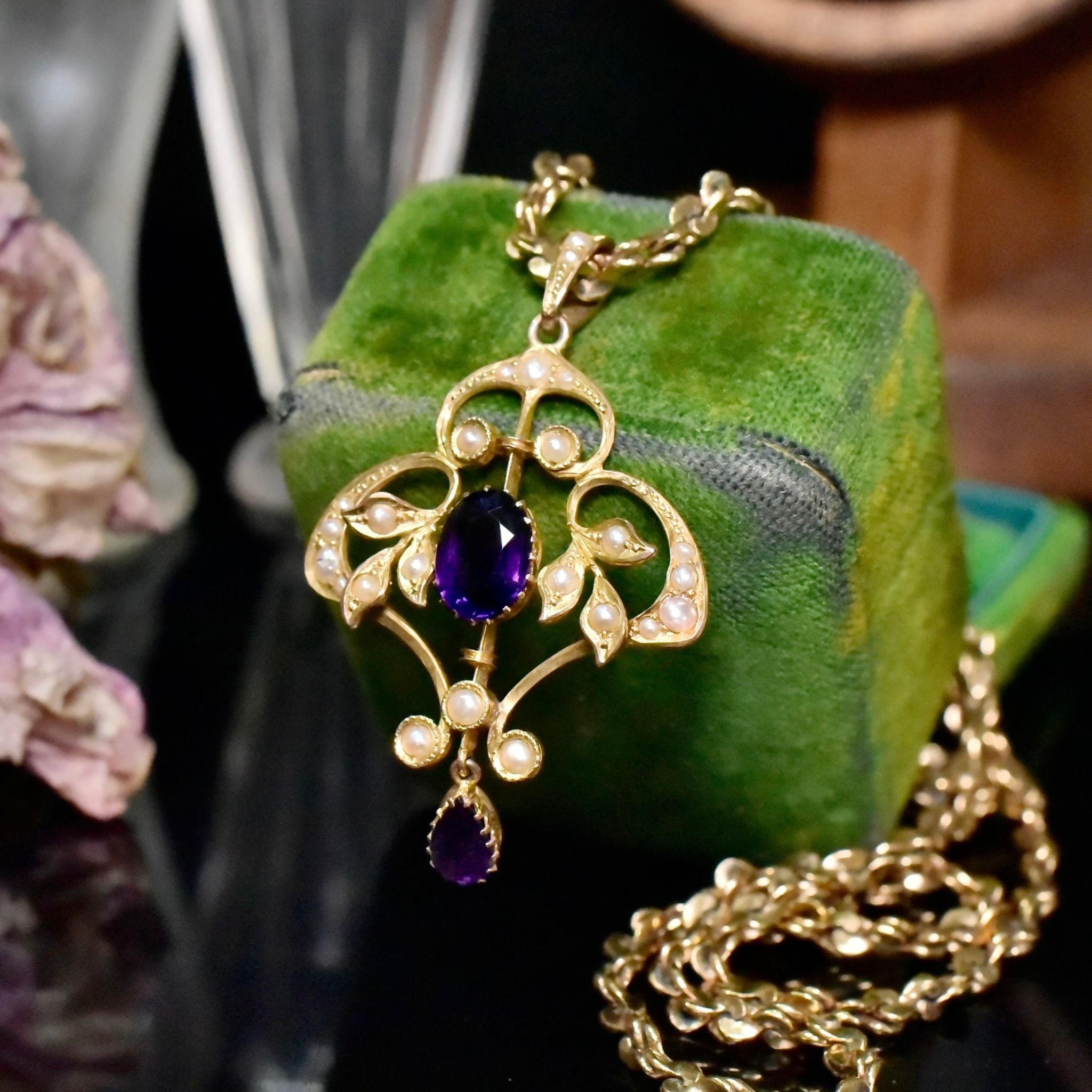 Antique Edwardian 9ct Yellow Gold Amethyst And Seed Pearl Pendant Circa 1910