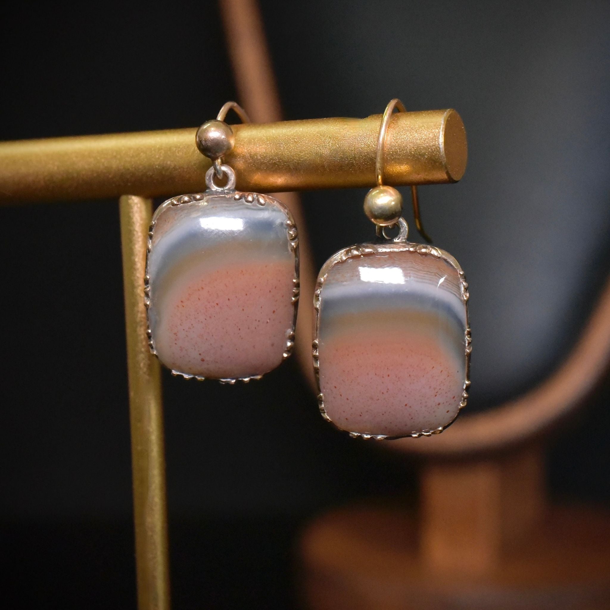 Antique Victorian 9ct Rose Gold Banded Agate Earrings