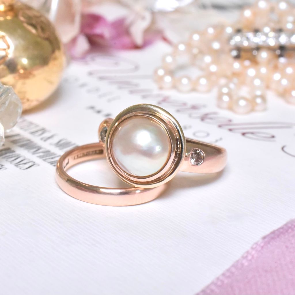 Stunning 9ct Rose Gold Champagne Diamond And Mabe Pearl Ring