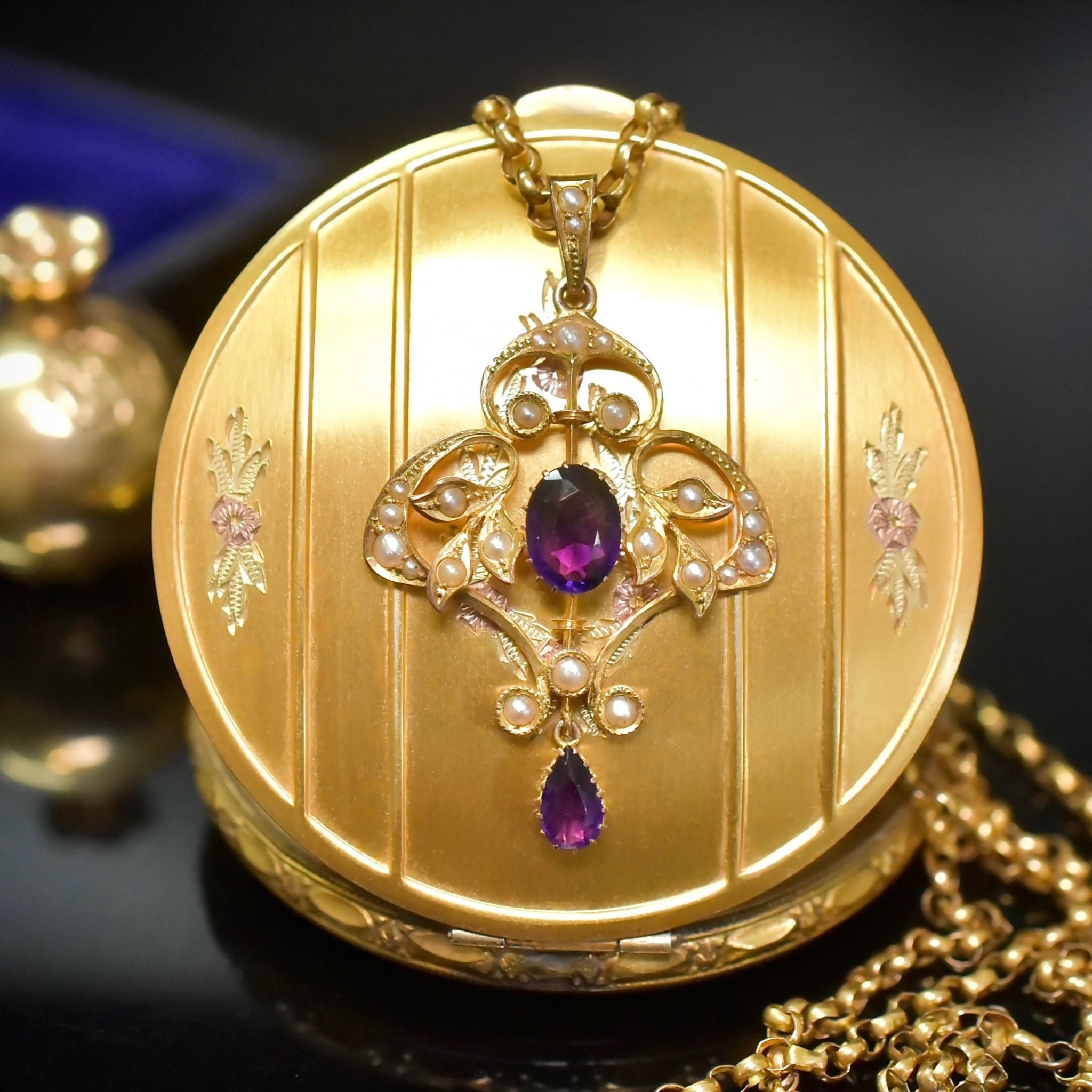 Antique Edwardian 9ct Yellow Gold Amethyst And Seed Pearl Pendant Circa 1910