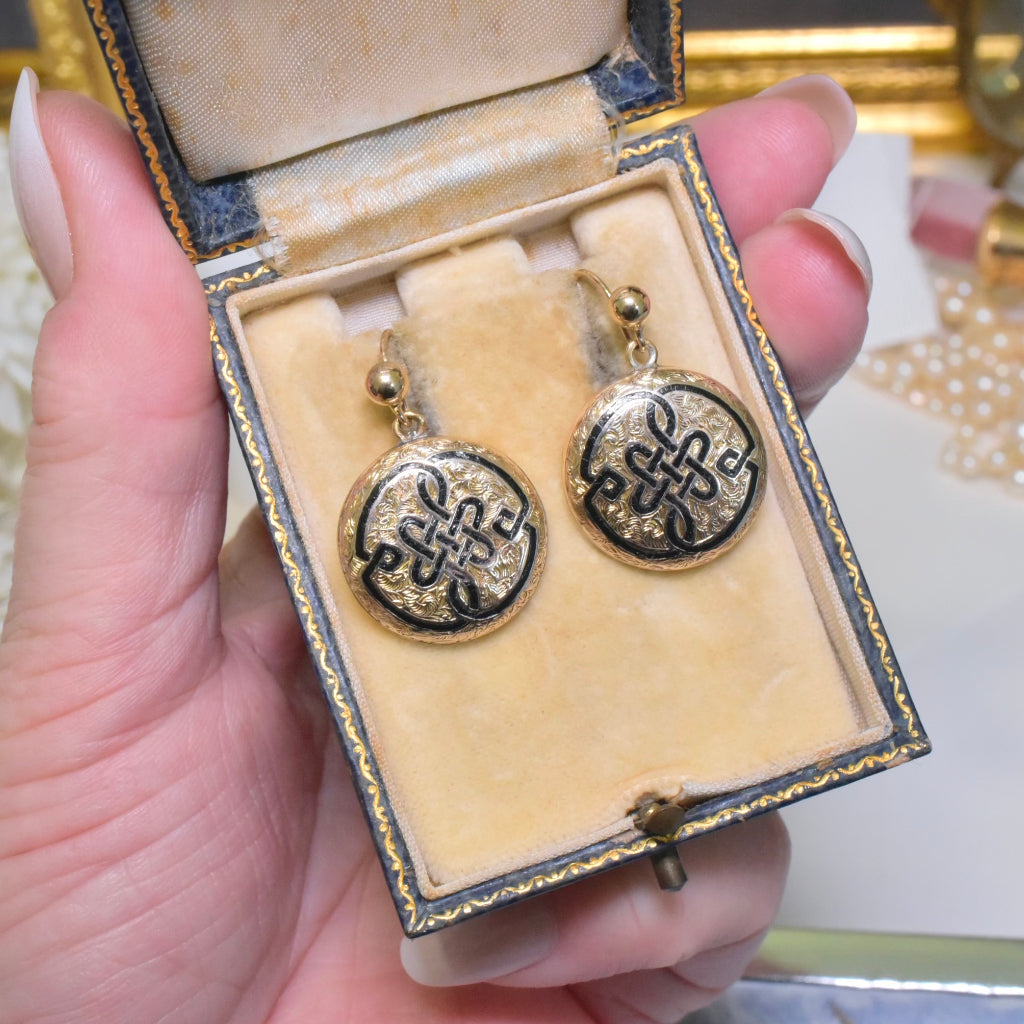 Antique 18ct Yellow Gold Taille D’épargne (Enamel) Earrings Circa 1880-1900