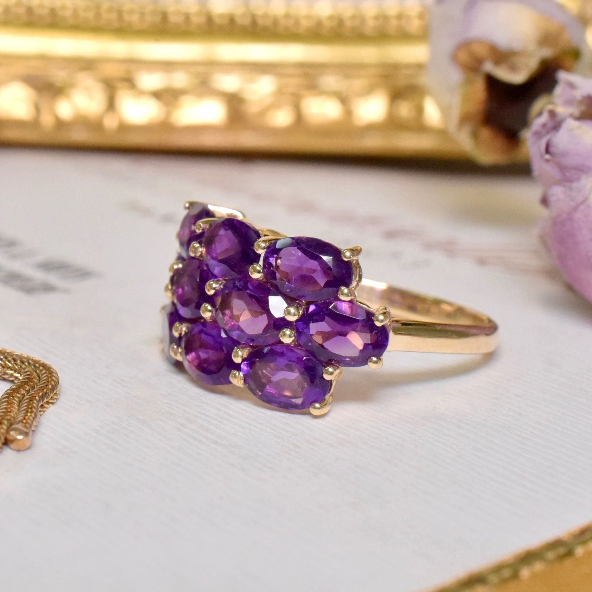 Modern 9ct Yellow Gold Multi-Amethyst Ring