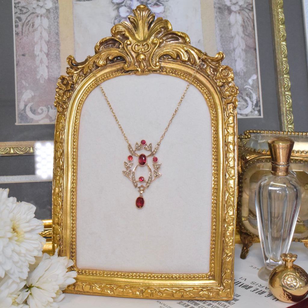 Antique Edwardian 9ct Rose Gold Garnet And Seed Pearl Lavaliere - Circa 1910’s