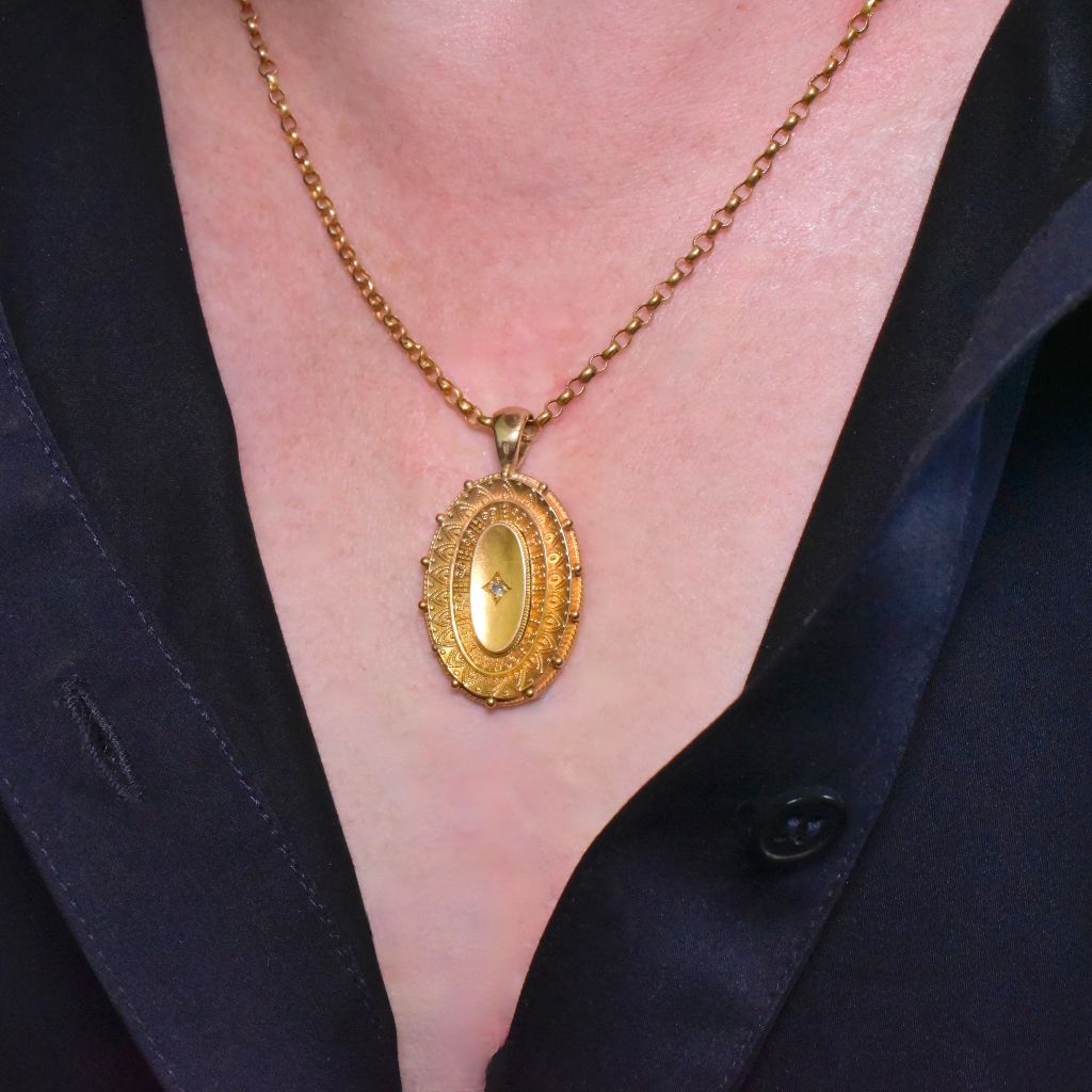 Antique Victorian 15ct Yellow Gold Etruscan Revival Diamond Locket - Chester 1887