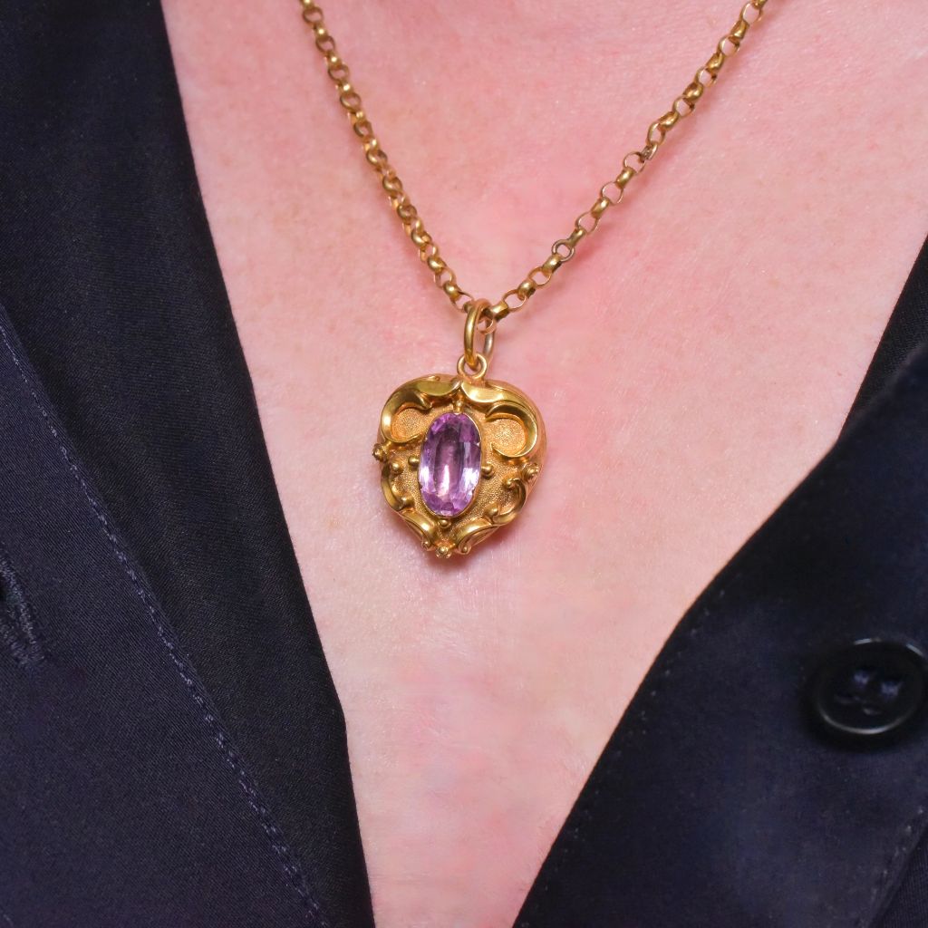 Antique Mid-Victorian 15ct Yellow Gold Amethyst Heart Locket Pendant