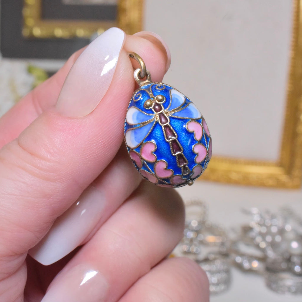 Russian Gilt Silver Cloisonné Enamel Butterfly ‘Easter’ Egg Pendant