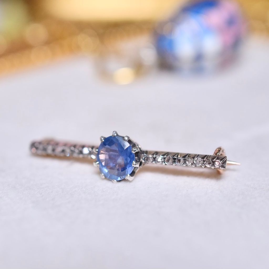 Antique Victorian 15ct Rose Gold Ceylon Sapphire And Rose-Cut Diamond Brooch Circa 1880-1890