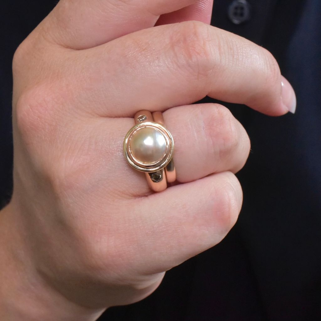 Stunning 9ct Rose Gold Champagne Diamond And Mabe Pearl Ring