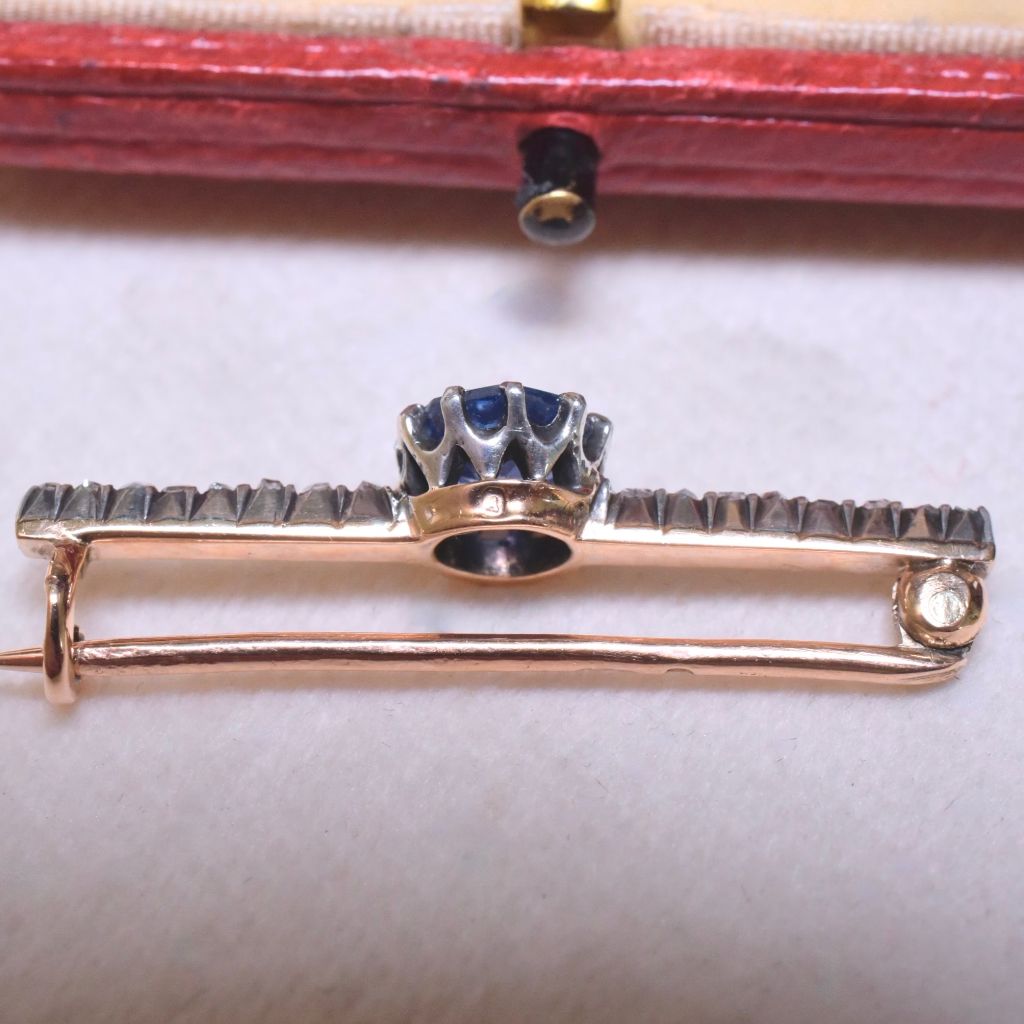 Antique Victorian 15ct Rose Gold Ceylon Sapphire And Rose-Cut Diamond Brooch Circa 1880-1890