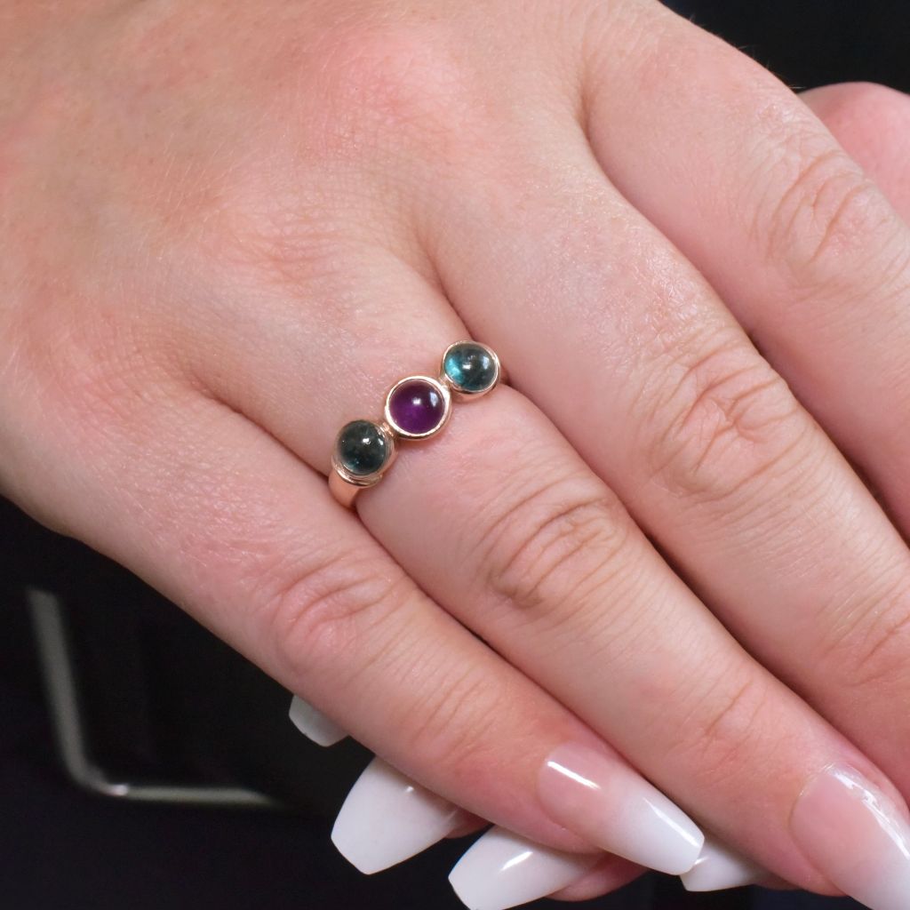 Contemporary 9ct Rose Gold Green Tourmaline And Amethyst Trilogy Ring