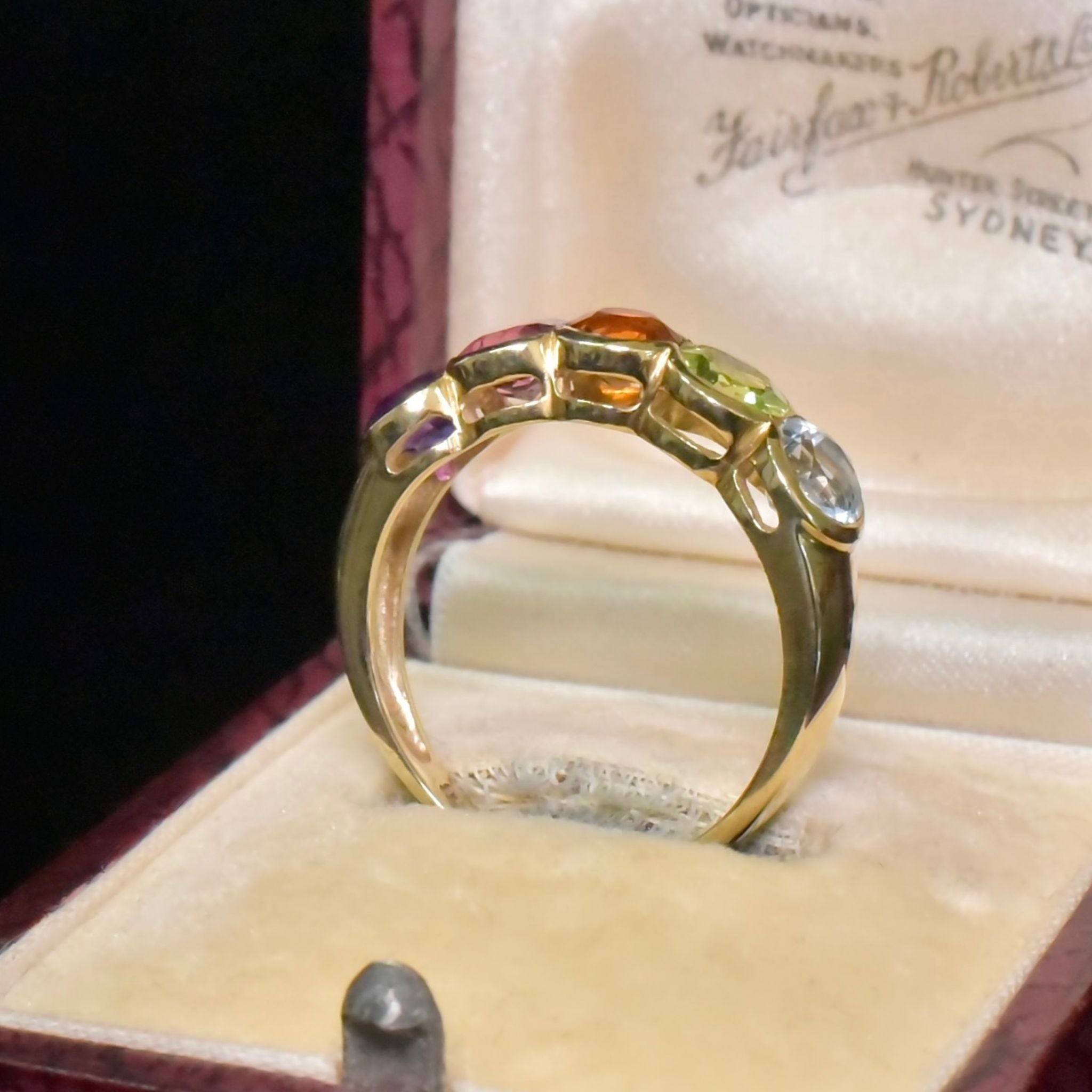 Exquisite 9ct Yellow Gold 5 Stone Multi-Gem Half Hoop Ring - Sheffield 2003 (Aquamarine, Peridot, Garnet, Garnet, Amethyst)