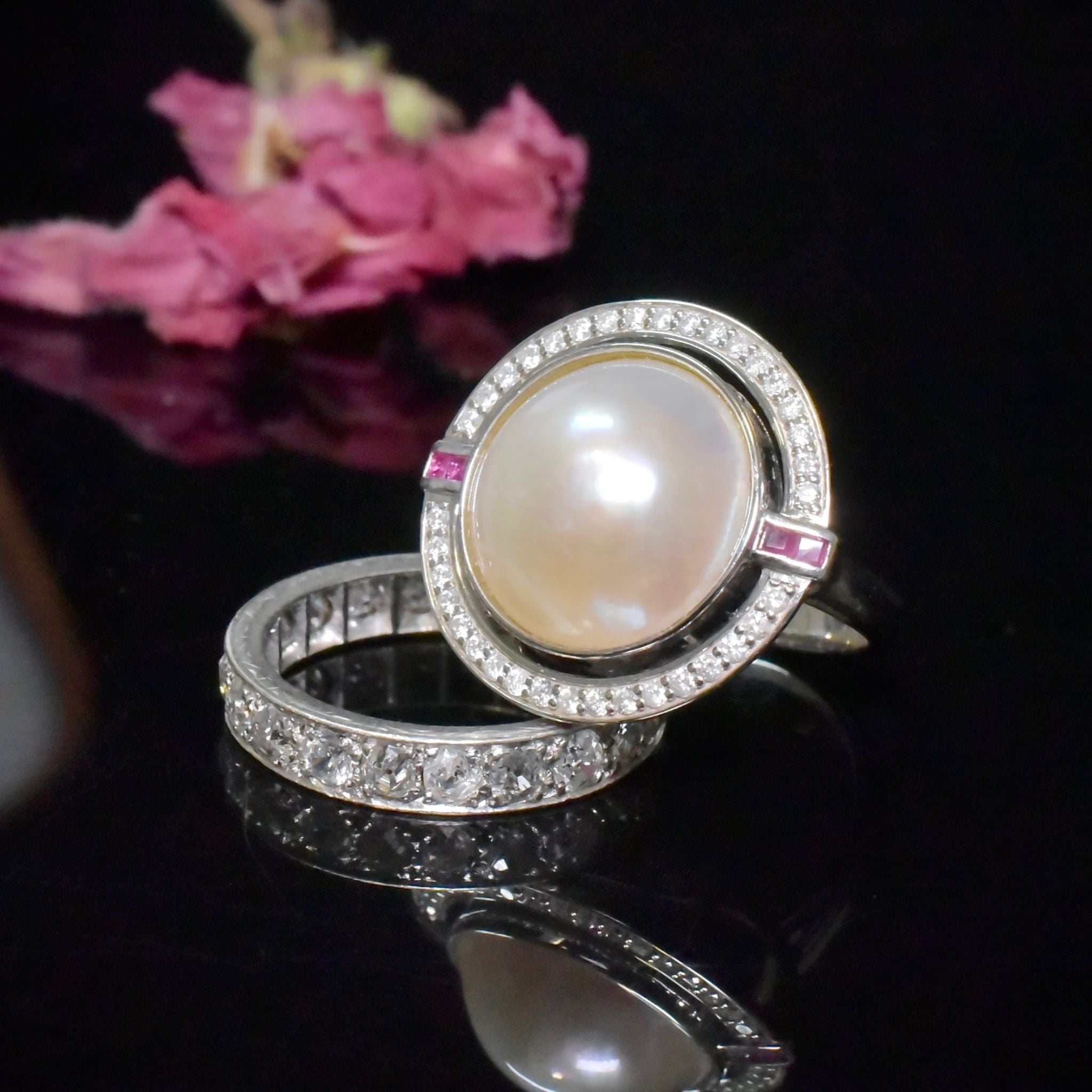 Superb 14ct White Gold Art Deco Inspired, South Sea Mabe Pearl, Diamond And Ruby Ring Independent Valuation Included For $10,000 AUD