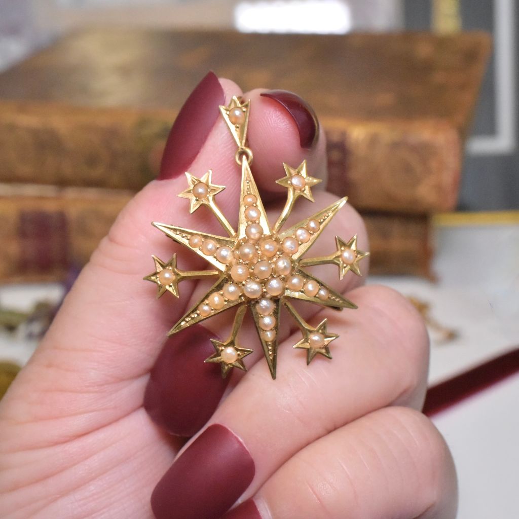 Antique Australian Edwardian 15ct Yellow Gold Seed Pearl ‘Starburst’ Pendant / Brooch