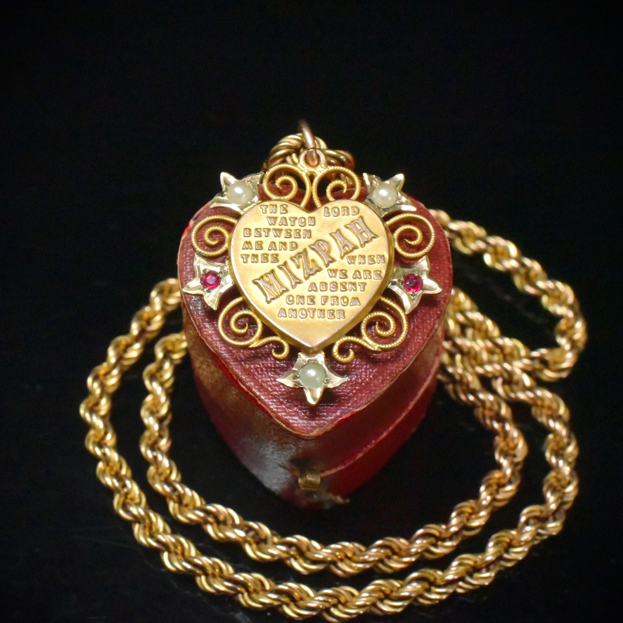 Stunning Antique Australian 9ct Rose Gold Garnet ‘Mizpah’ Heart Pendant By Robert Robertson Circa 1915