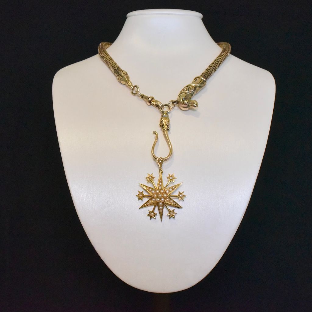 Antique Australian Edwardian 15ct Yellow Gold Seed Pearl ‘Starburst’ Pendant / Brooch