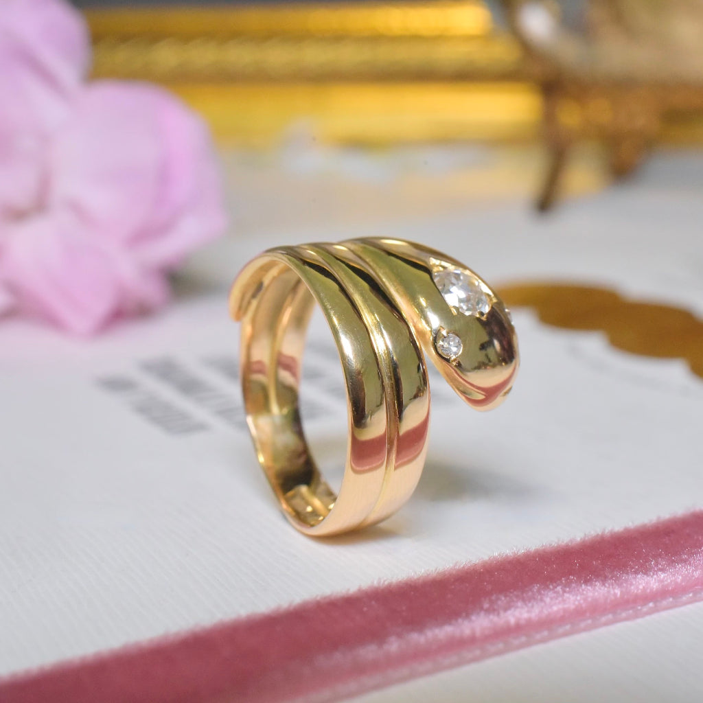 Superb Antique Victorian 18ct Yellow Gold Old Mine Cut Diamond Serpent Ring