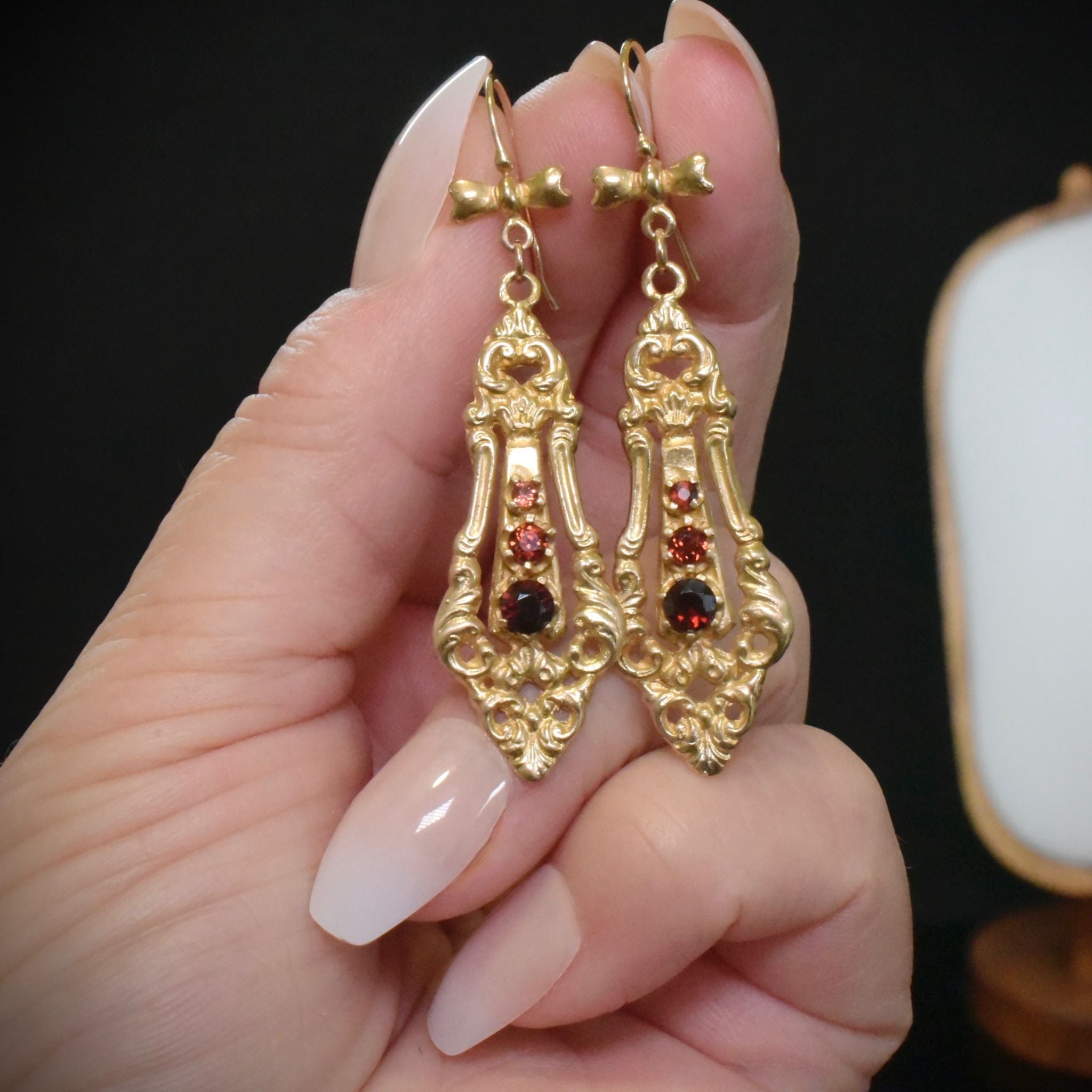 Antique Style Contemporary 9ct Yellow Gold Garnet Drop Earrings