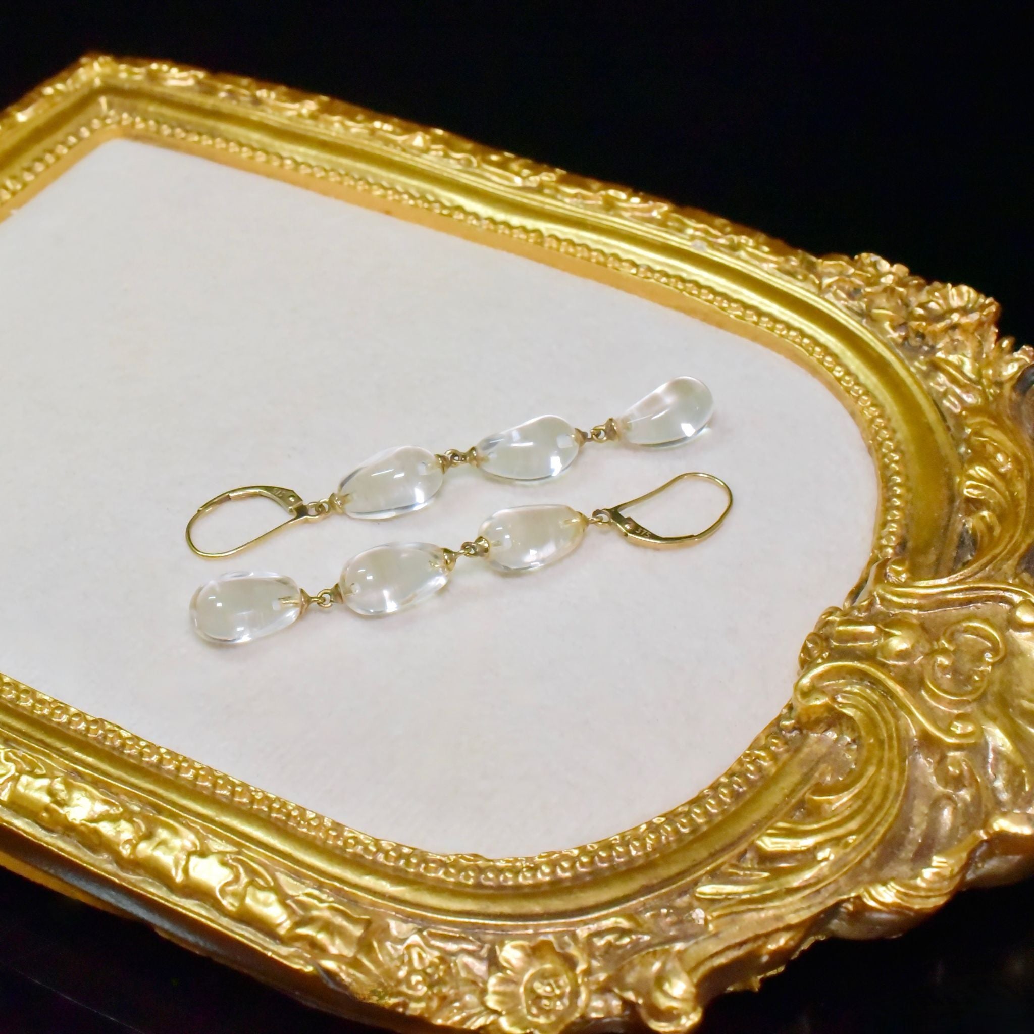 Vintage 9ct Yellow Gold Lever Back Rock Crystal Drop Earrings