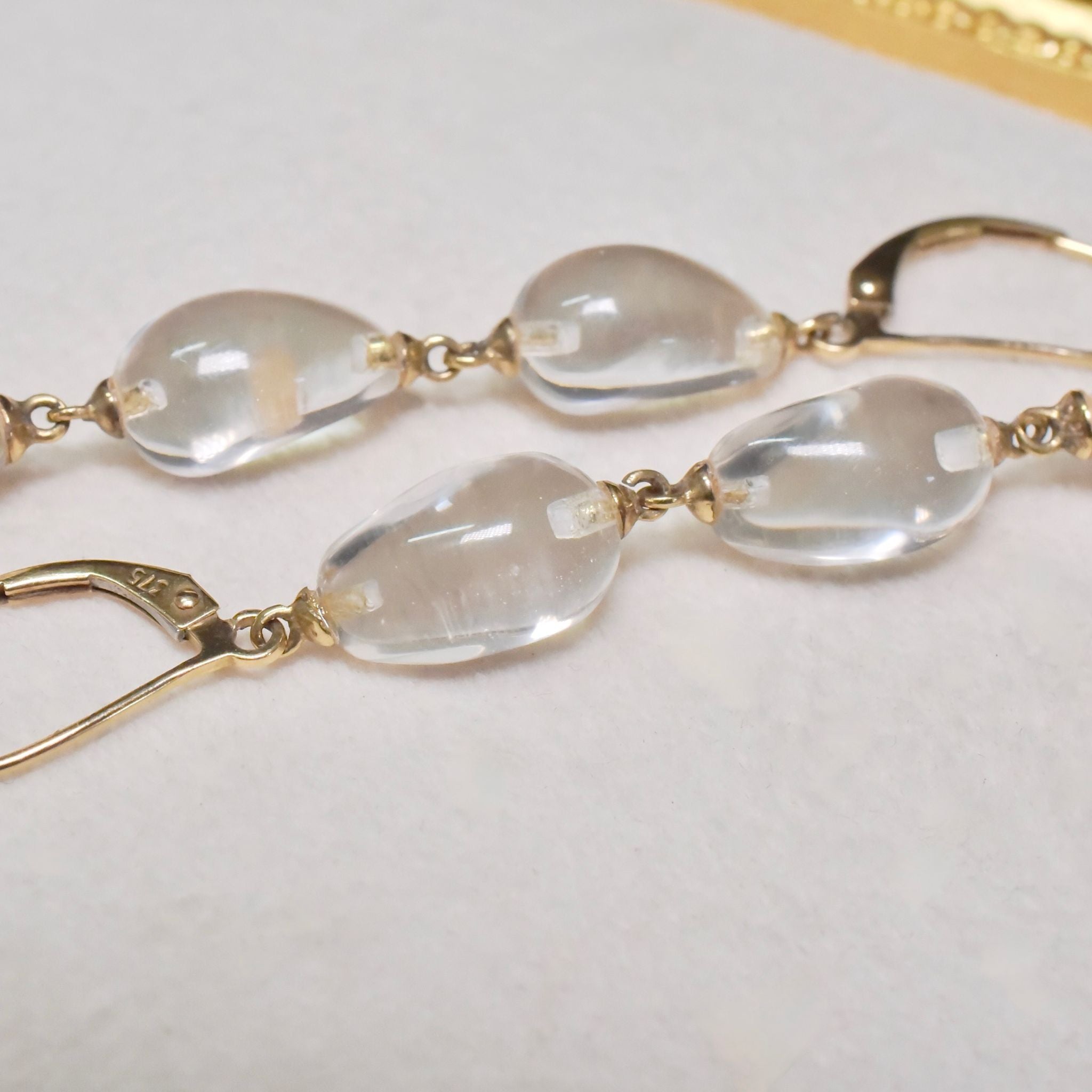 Vintage 9ct Yellow Gold Lever Back Rock Crystal Drop Earrings