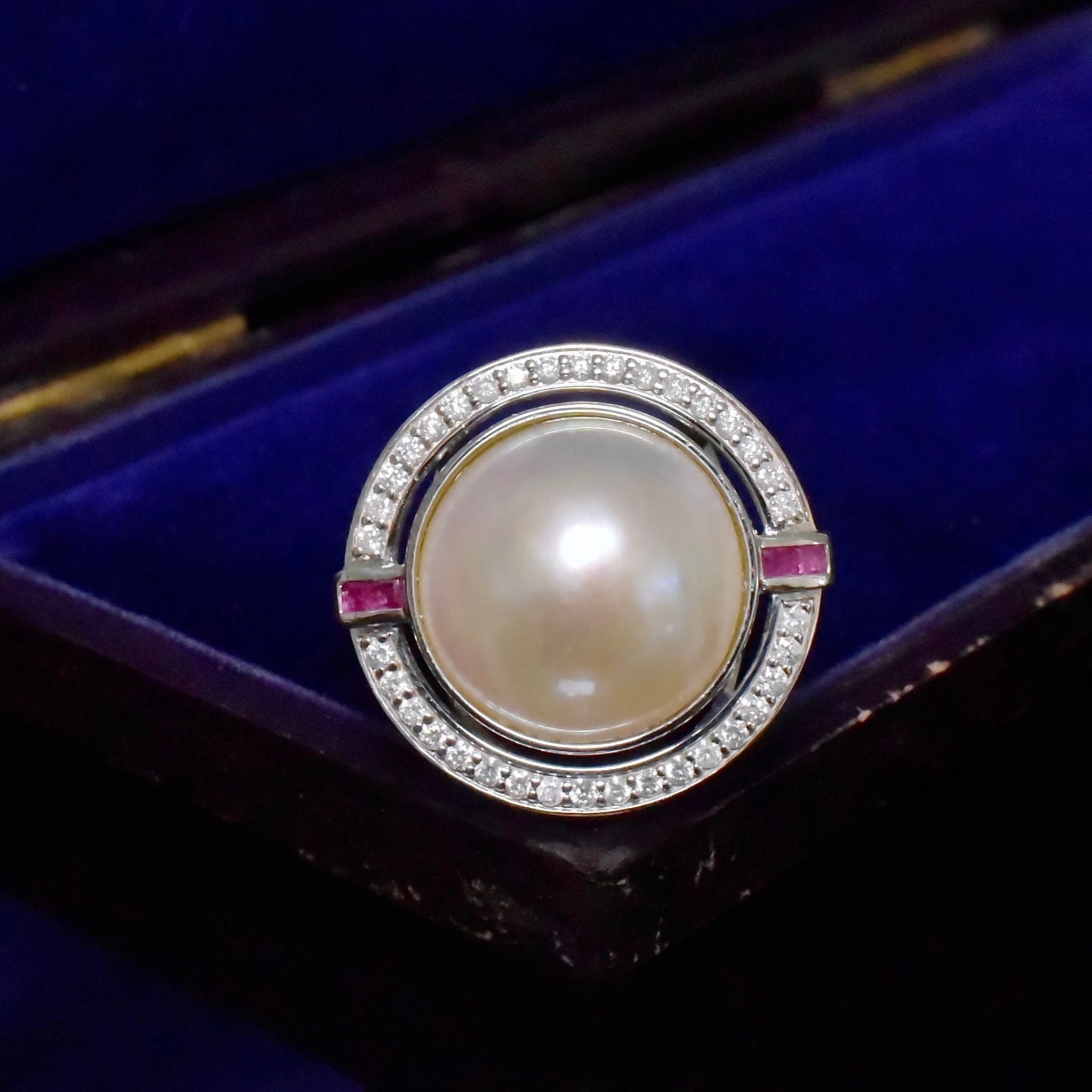 Superb 14ct White Gold Art Deco Inspired, South Sea Mabe Pearl, Diamond And Ruby Ring Independent Valuation Included For $10,000 AUD