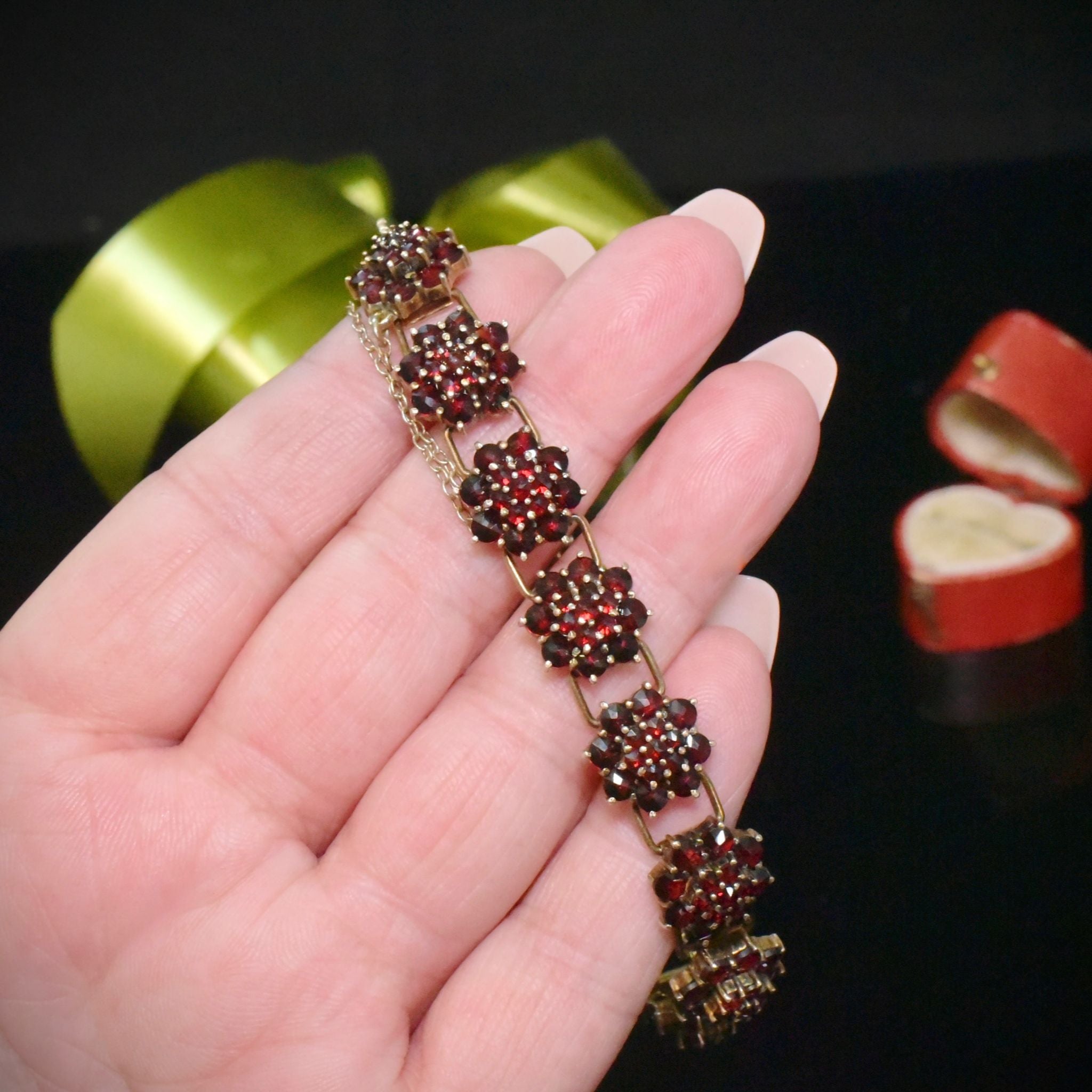 Antique Edwardian/Art Deco Era Austrian 900 Silver Gilt Bohemian Garnet Bracelet Circa 1915-1930