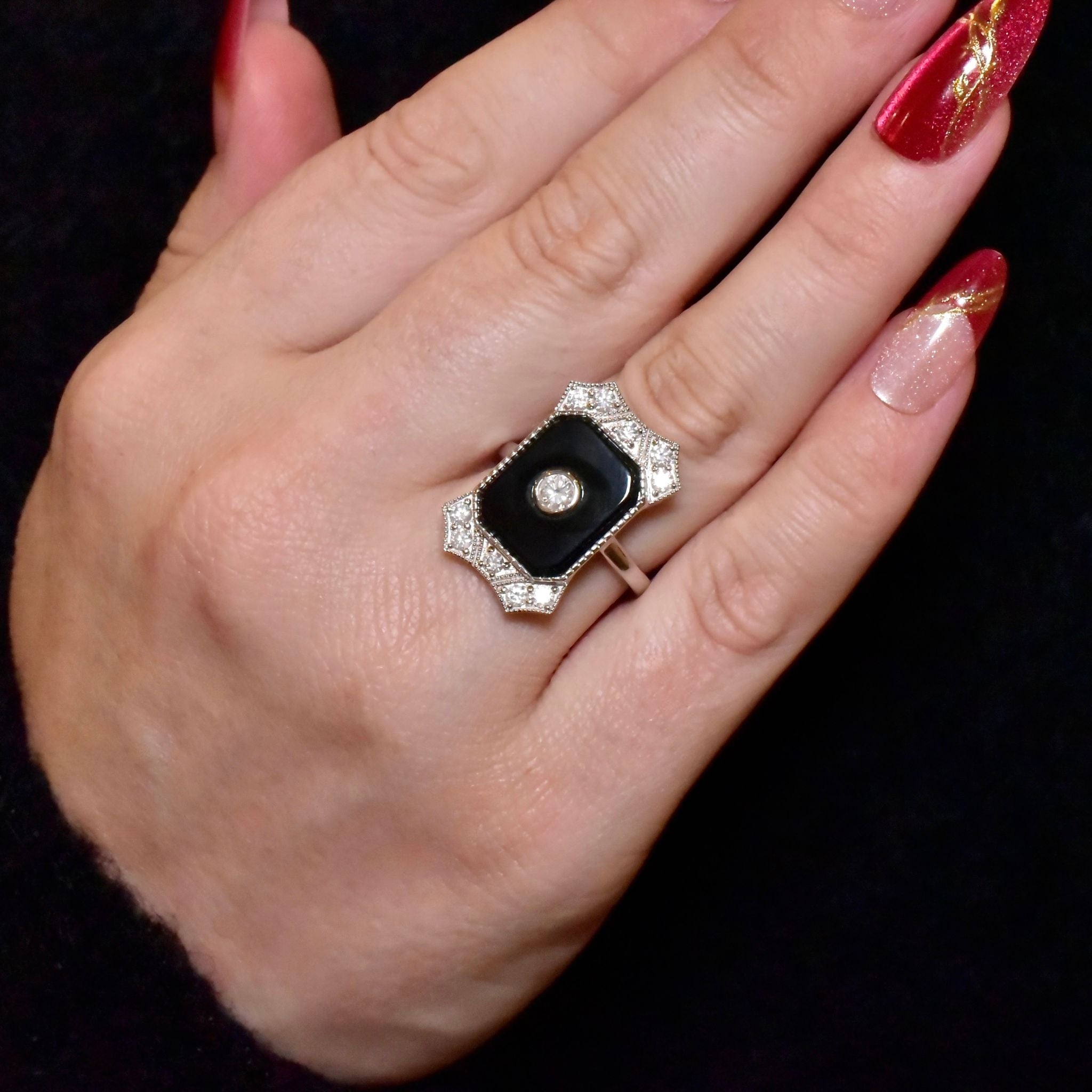 Magnificent 14ct White Gold Art Deco Inspired Onyx And Diamond Ring Independent Valuation Certificate Included For $10,720 AUD