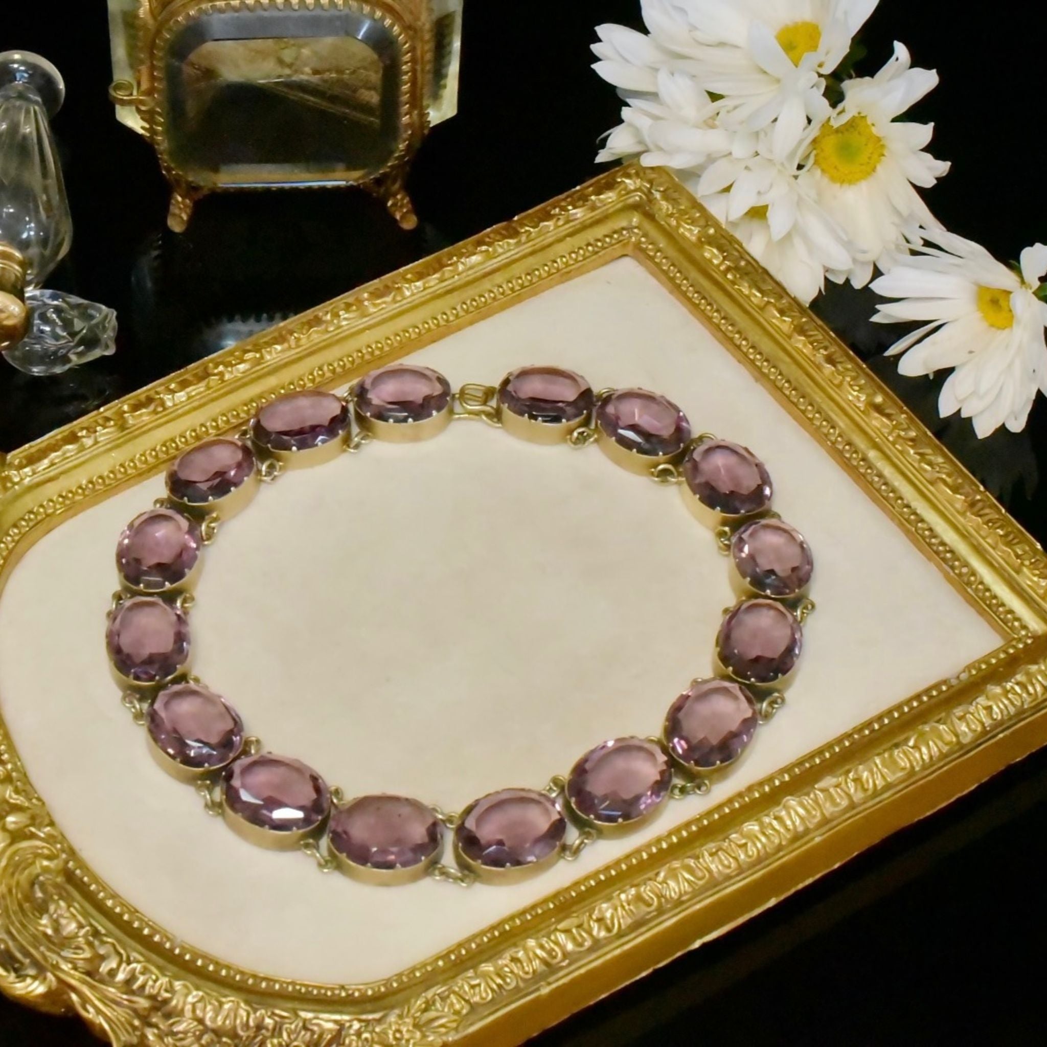 Fabulous Art Deco Era Silver Gilt Amethyst Glass Rivieré With Original Box - Circa 1930-40’s