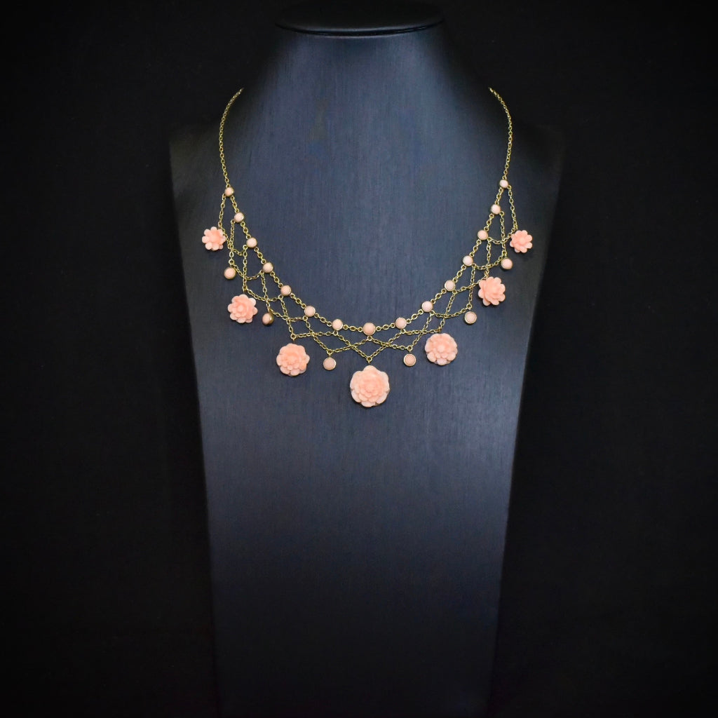 Antique Edwardian/Art Nouveau 14ct Gold Carved Salmon Coral Rosette Festoon Necklace Circa 1910