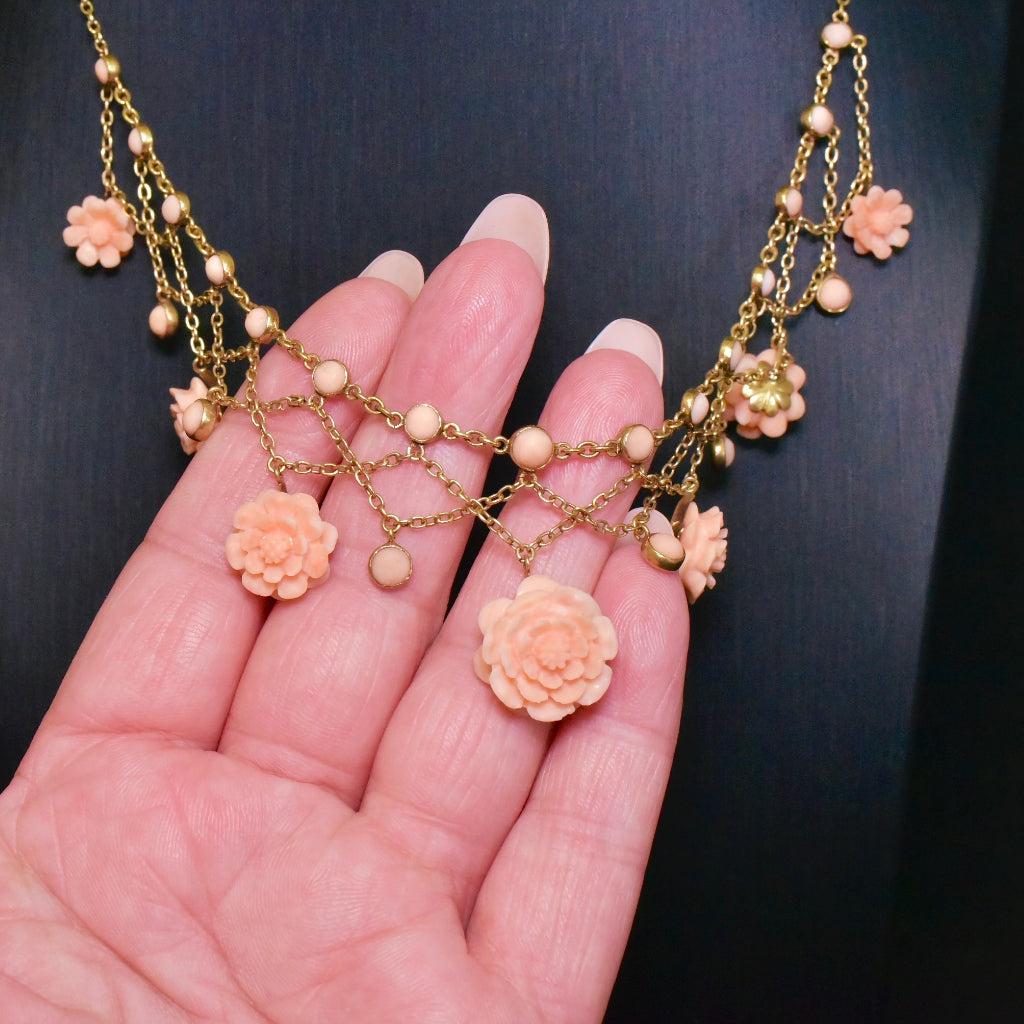 Antique Edwardian/Art Nouveau 14ct Gold Carved Salmon Coral Rosette Festoon Necklace Circa 1910