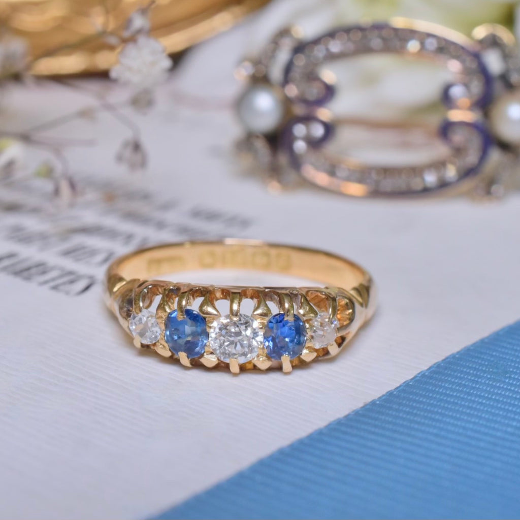 Antique 18ct Yellow Gold Sapphire And Diamond Quarter Hoop Ring - Hallmarked Birmingham 1914