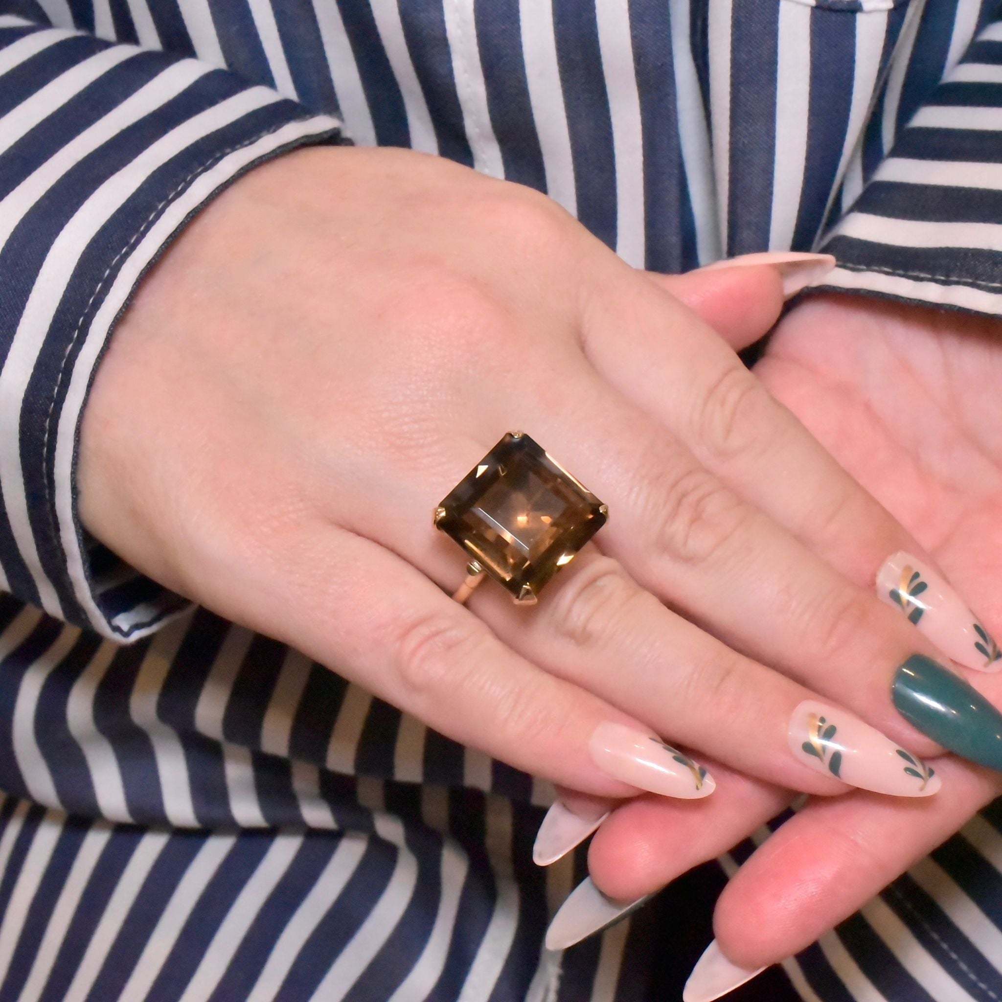 Fabulous Vintage Retro Style 9ct Yellow Gold And Smoky Quartz Ring - London 1972
