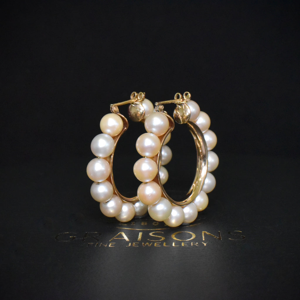 Superb Contemporary 14ct Rose Gold Pearl Hoop Earrings - 18 Grams