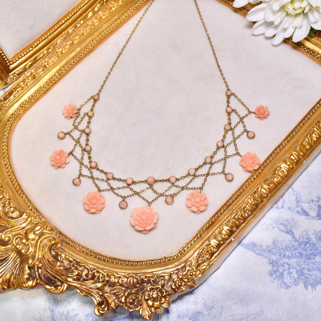 Antique Edwardian/Art Nouveau 14ct Gold Carved Salmon Coral Rosette Festoon Necklace Circa 1910