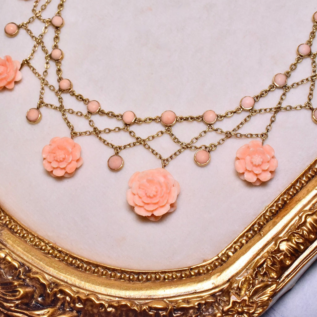 Antique Edwardian/Art Nouveau 14ct Gold Carved Salmon Coral Rosette Festoon Necklace Circa 1910