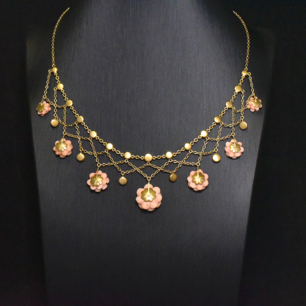 Antique Edwardian/Art Nouveau 14ct Gold Carved Salmon Coral Rosette Festoon Necklace Circa 1910