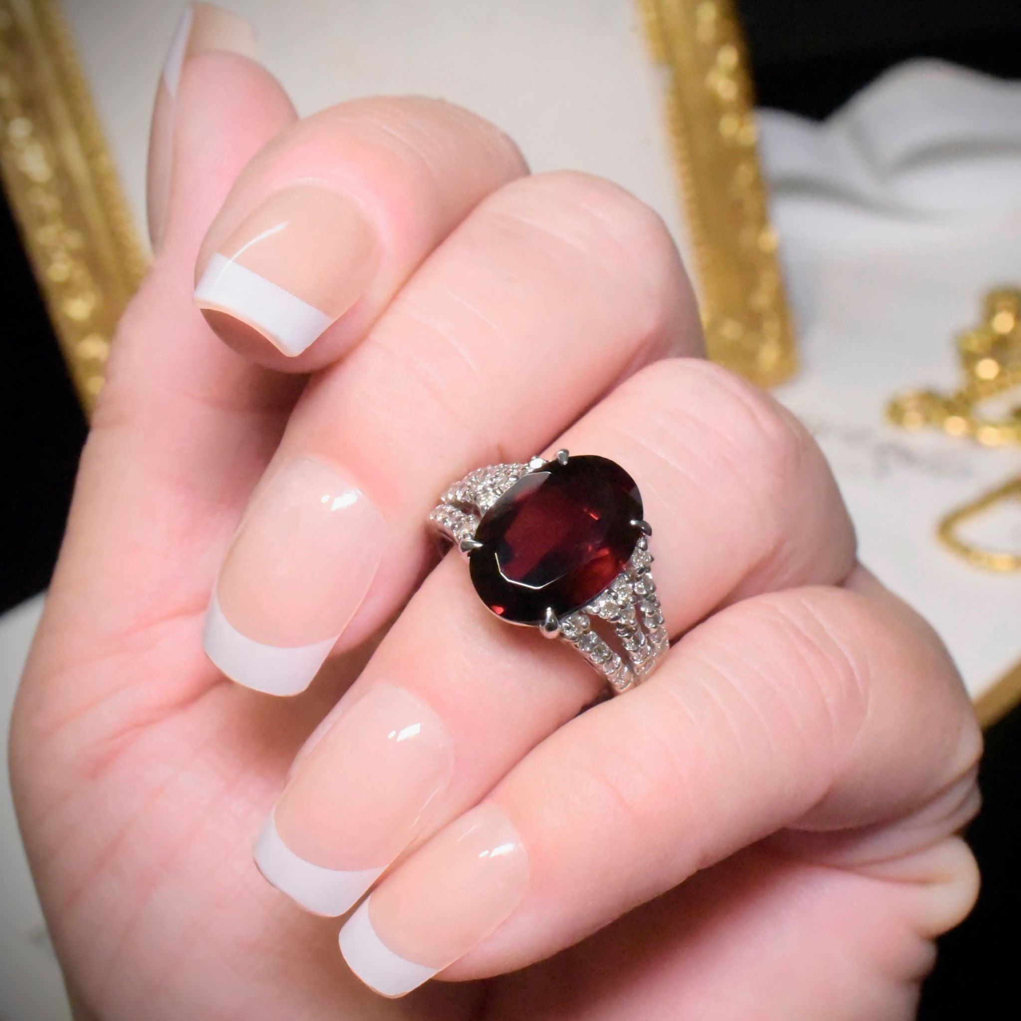 Contemporary 18ct White Gold Almadine Garnet (5.95ct) And Diamond (0.60ct) Ring Included In Purchase Valuation For $7,916 AUD
